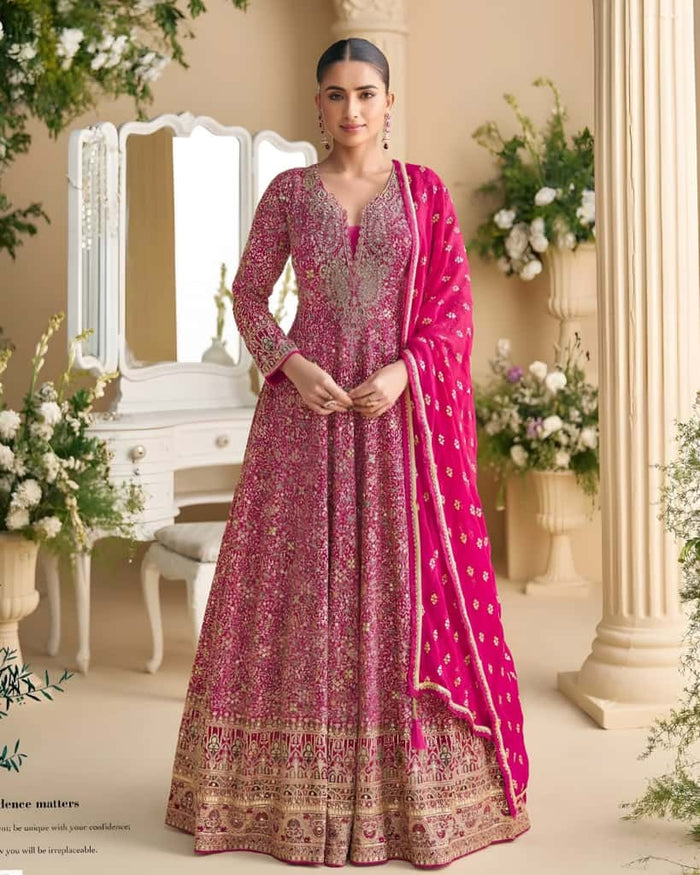Rani Pink Heavy Embroidered Anarkali Gown – Sakhi Fashions