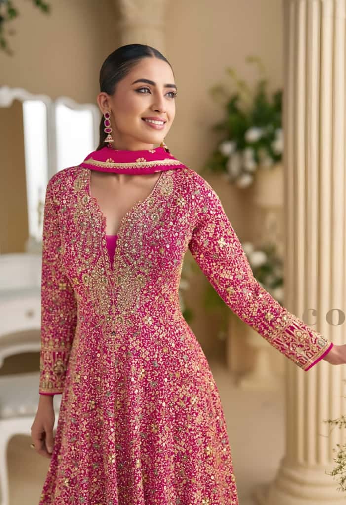 Rani Pink Heavy Embroidered Anarkali Gown – detail view 3 – Sakhi Fashions