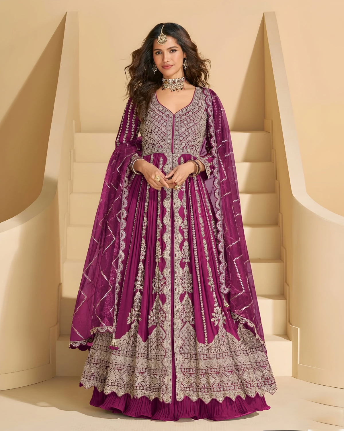 Real Chinon Sil Heavy Embroidered Wedding wear Anarkali Lehenga Suit – detail view 2 – Sakhi Fashions