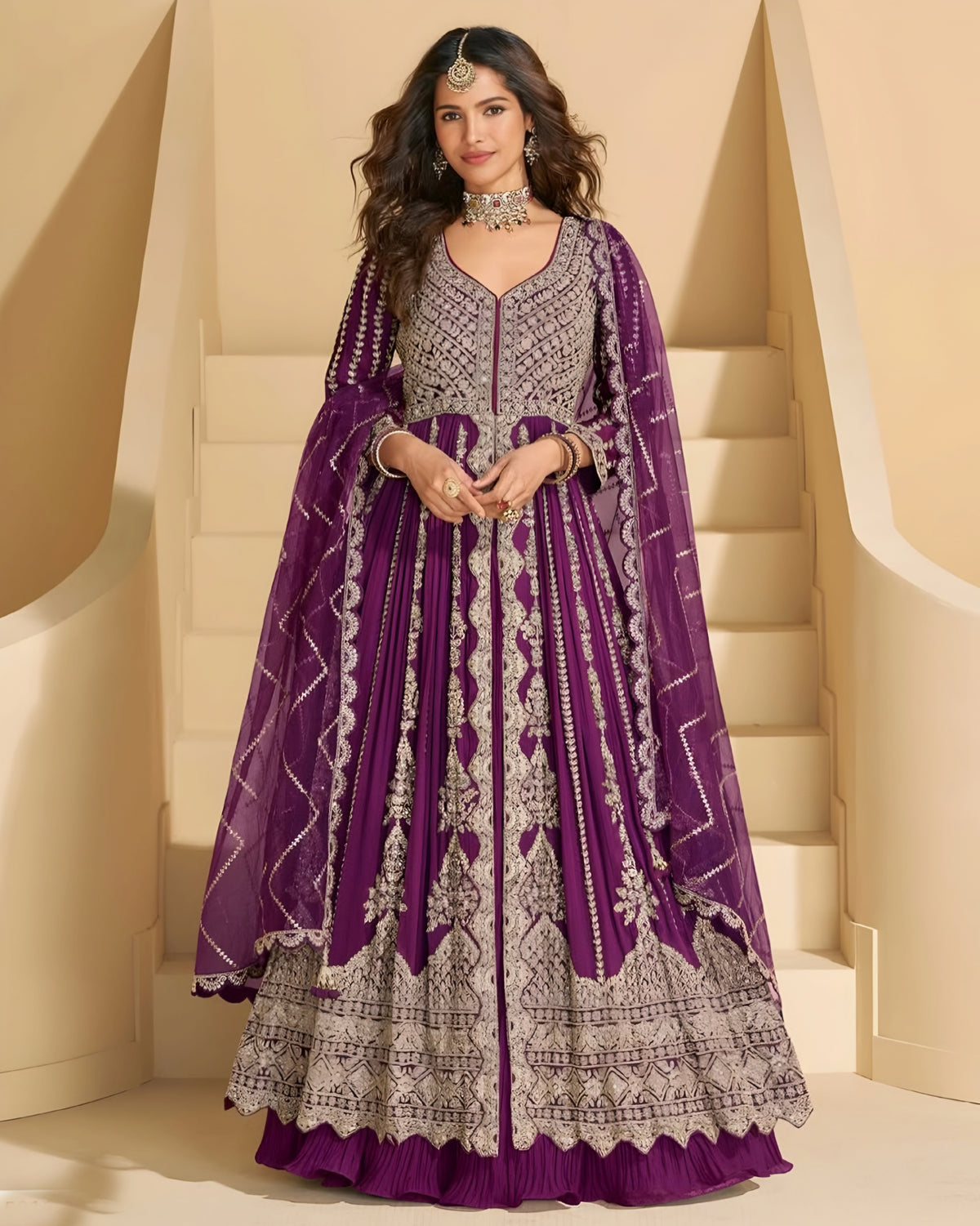 Real Chinon Sil Heavy Embroidered Wedding wear Anarkali Lehenga Suit – detail view 3 – Sakhi Fashions