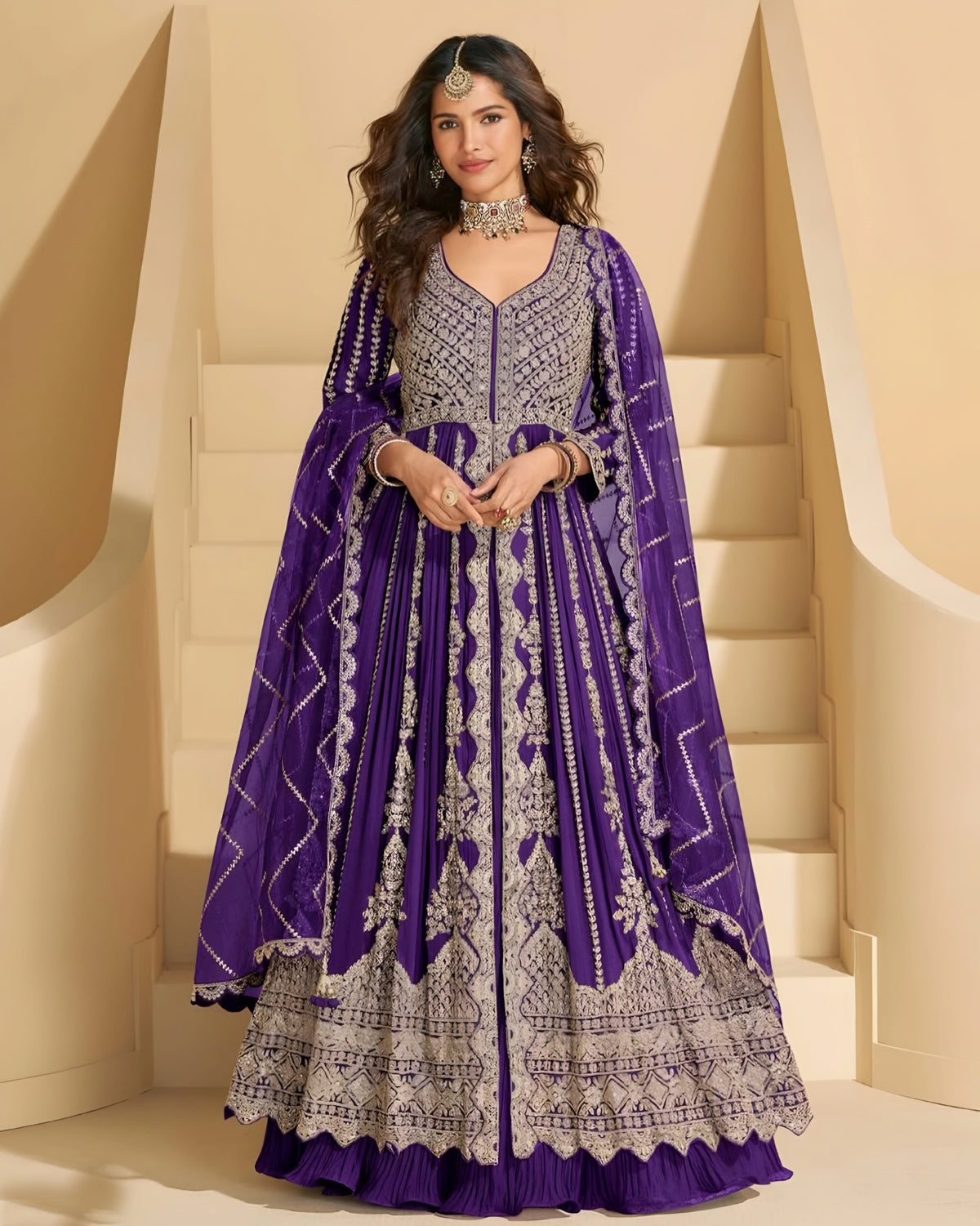 Real Chinon Sil Heavy Embroidered Wedding wear Anarkali Lehenga Suit – detail view 4 – Sakhi Fashions
