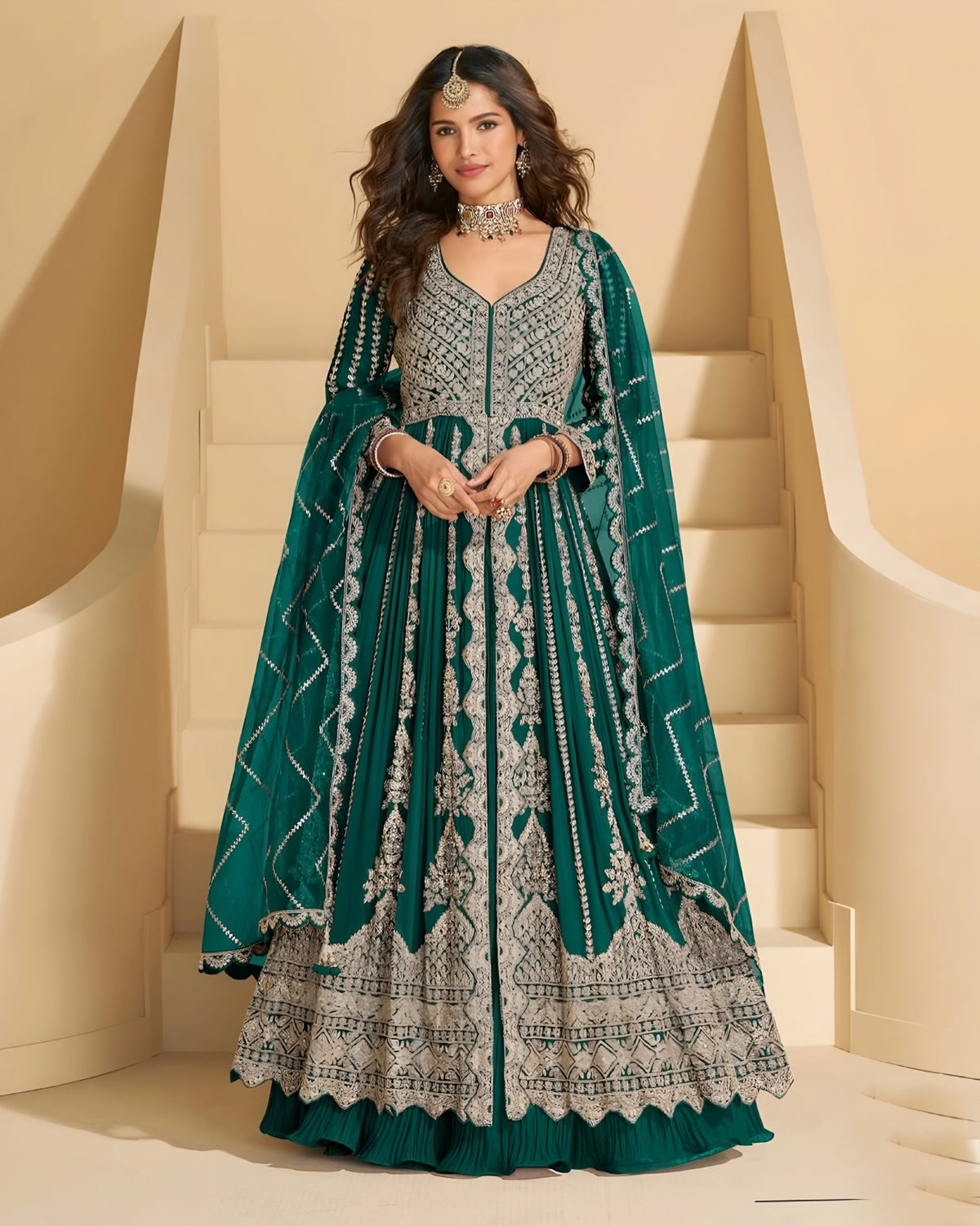 Real Chinon Sil Heavy Embroidered Wedding wear Anarkali Lehenga Suit – detail view 5 – Sakhi Fashions