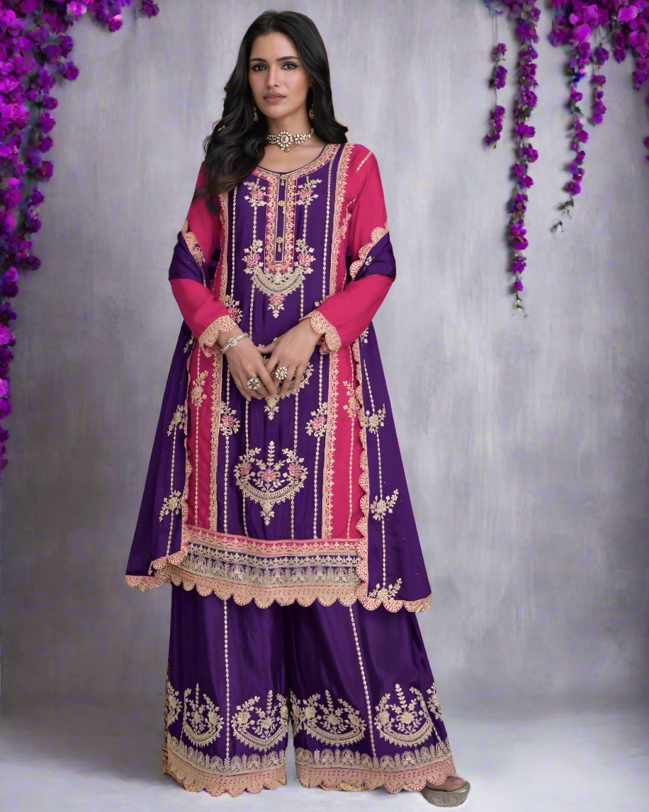 Real Chinon Silk Embroidered Palazzo Suits Violet – Sakhi Fashions
