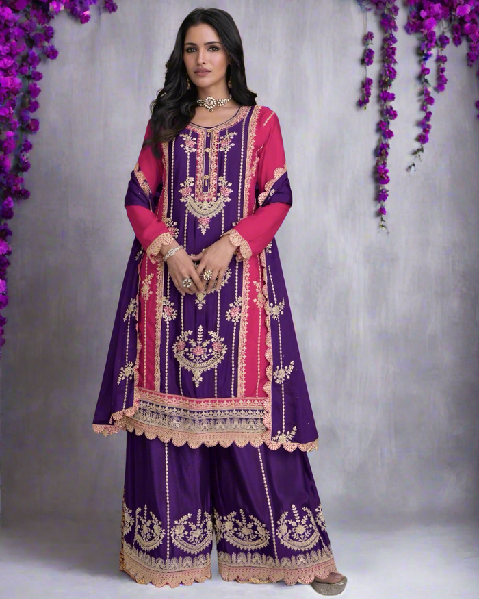 Real Chinon Silk Embroidered Palazzo Suits Violet – Sakhi Fashions