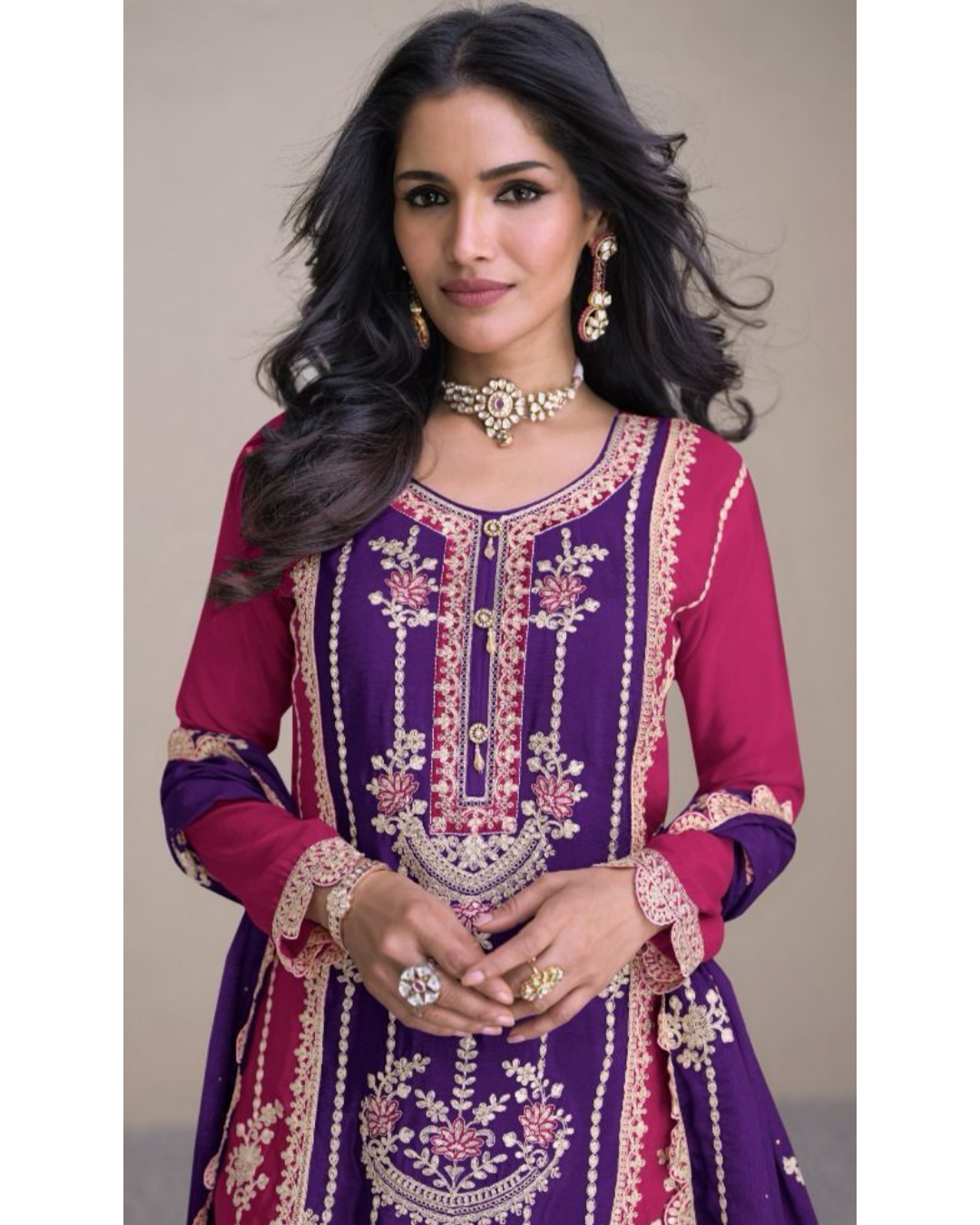 Real Chinon Silk Embroidered Palazzo Suits Violet – detail view 2 – Sakhi Fashions