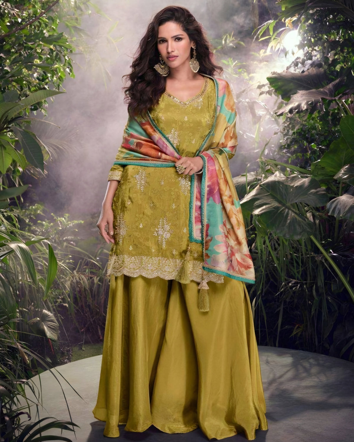 Real Chinon Simar Floral Print Palazzo Suits Yellow – Sakhi Fashions