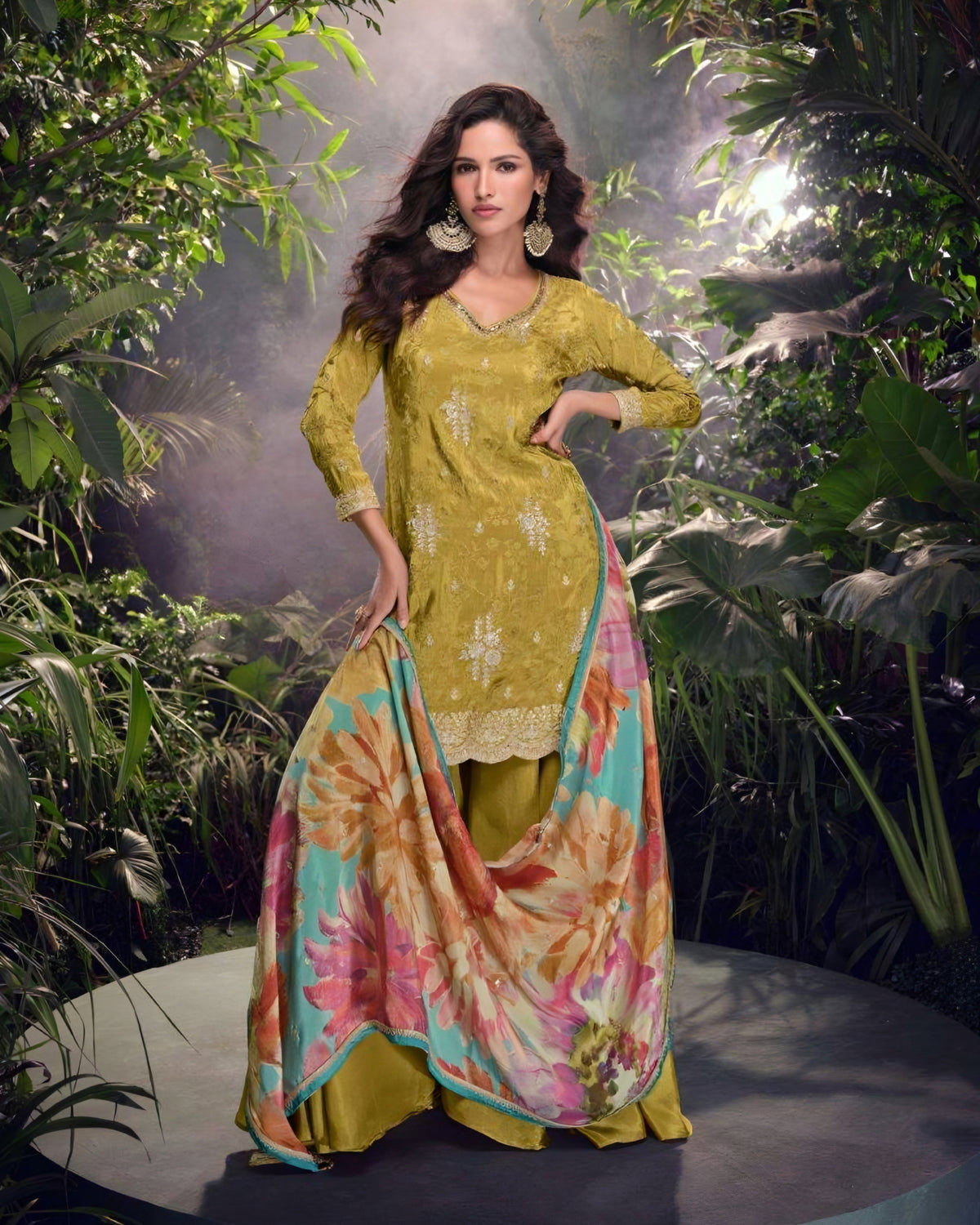 Real Chinon Simar Floral Print Palazzo Suits Yellow – detail view 2 – Sakhi Fashions