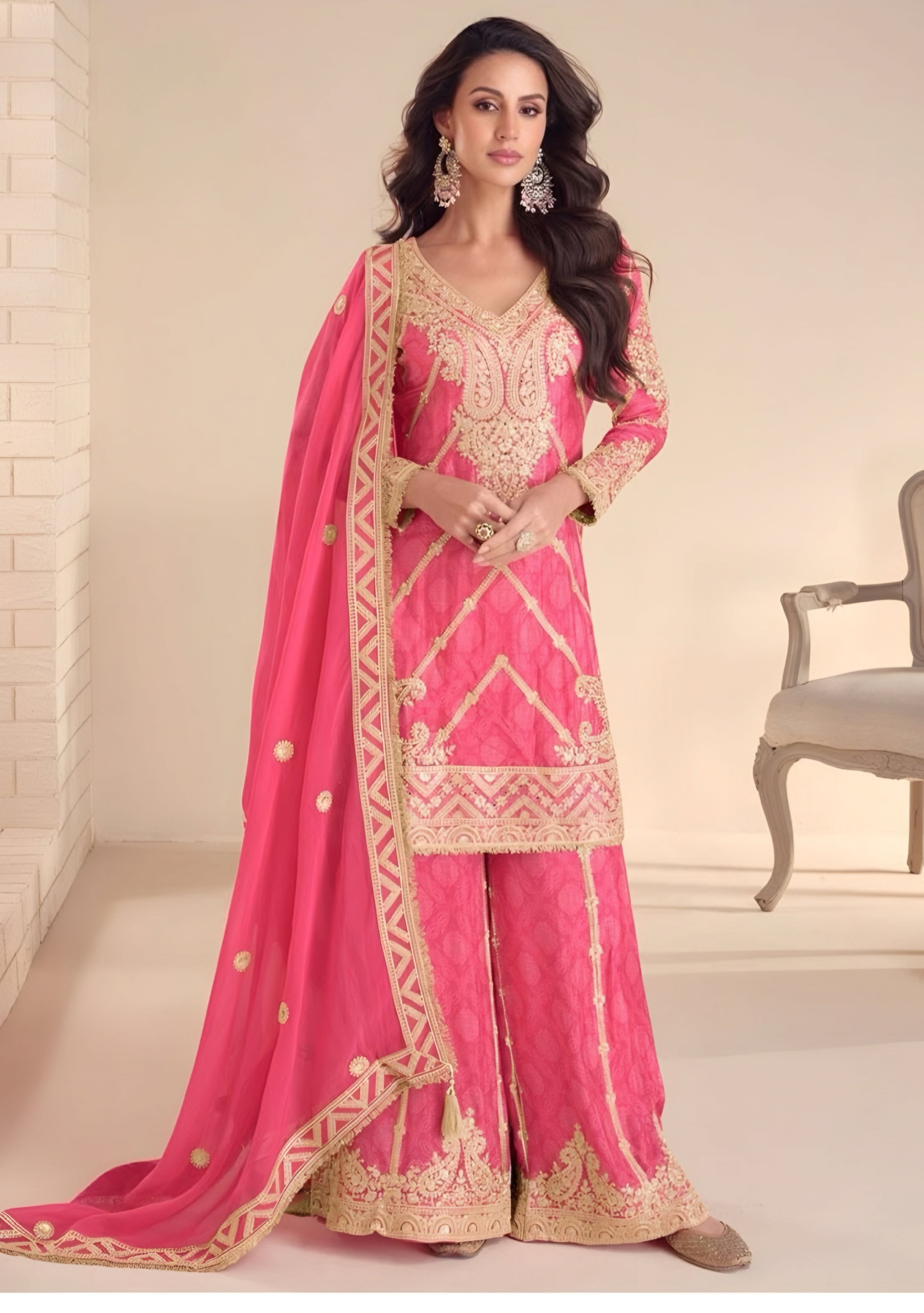 Embroidered Chinon Silk Palazzo Suits