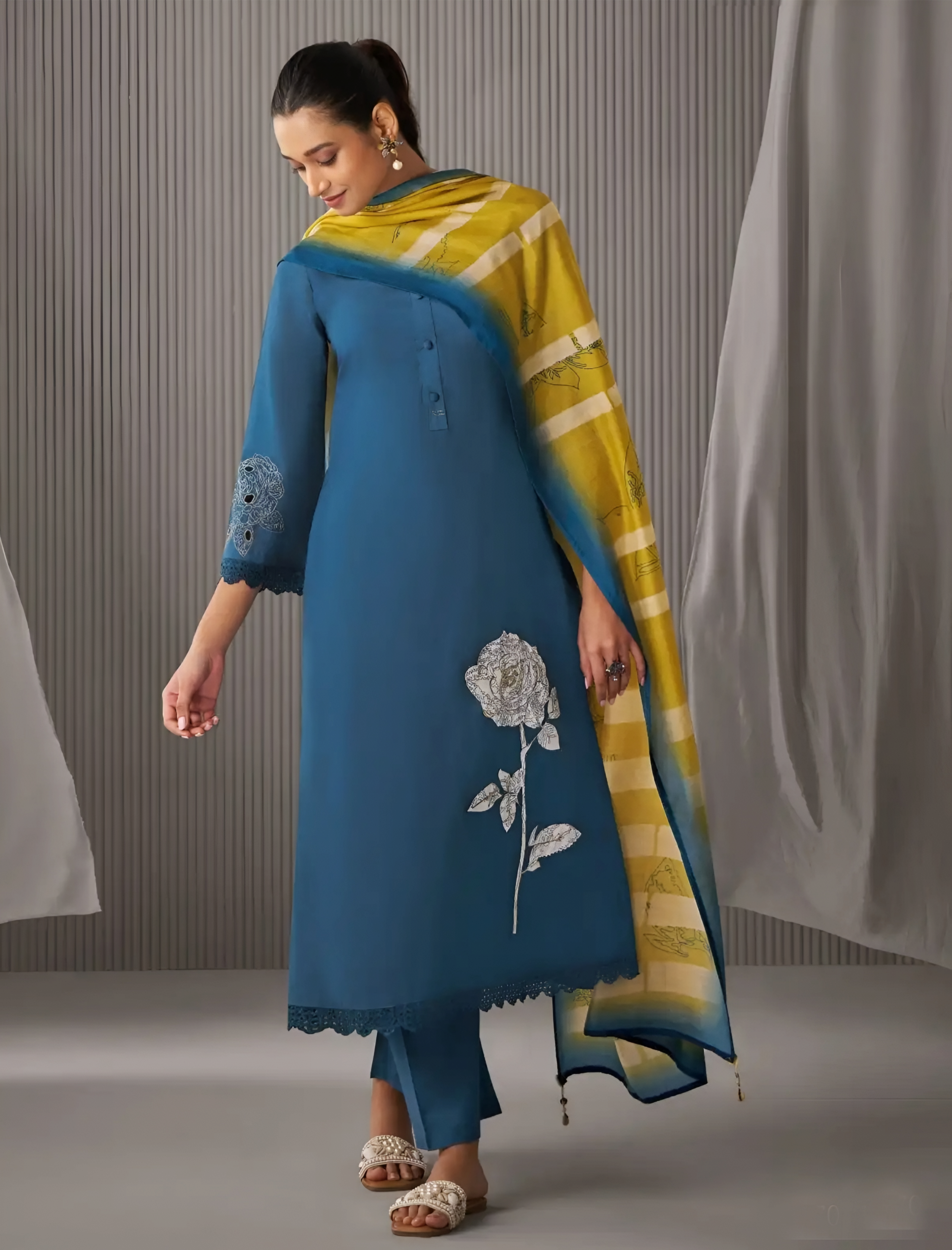 Lawn Cotton Salwar Kameez Hand Embroidered Plus Blue