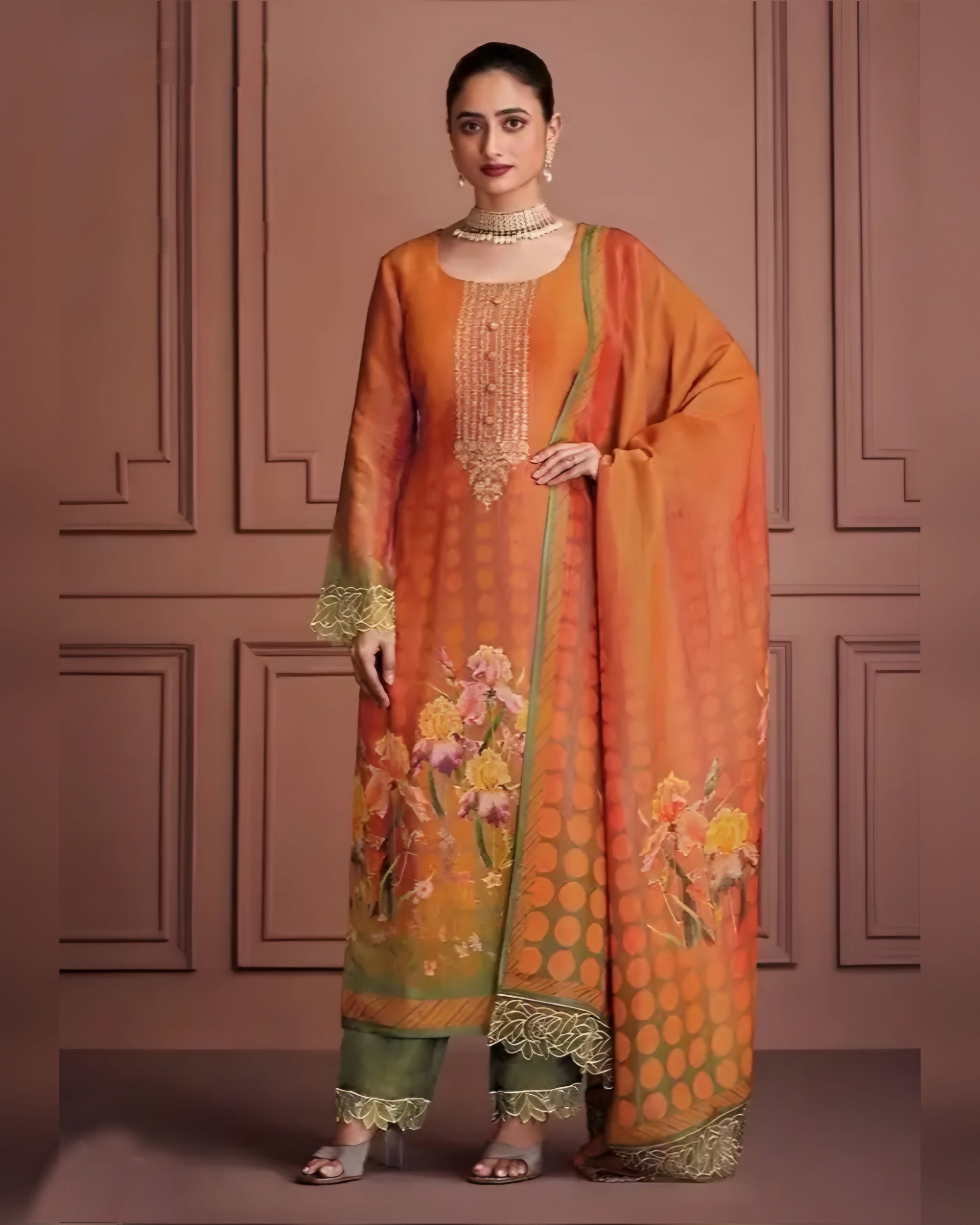Orange and Olive Muslin Designer Salwar Suits with Digital Printed Dupatta