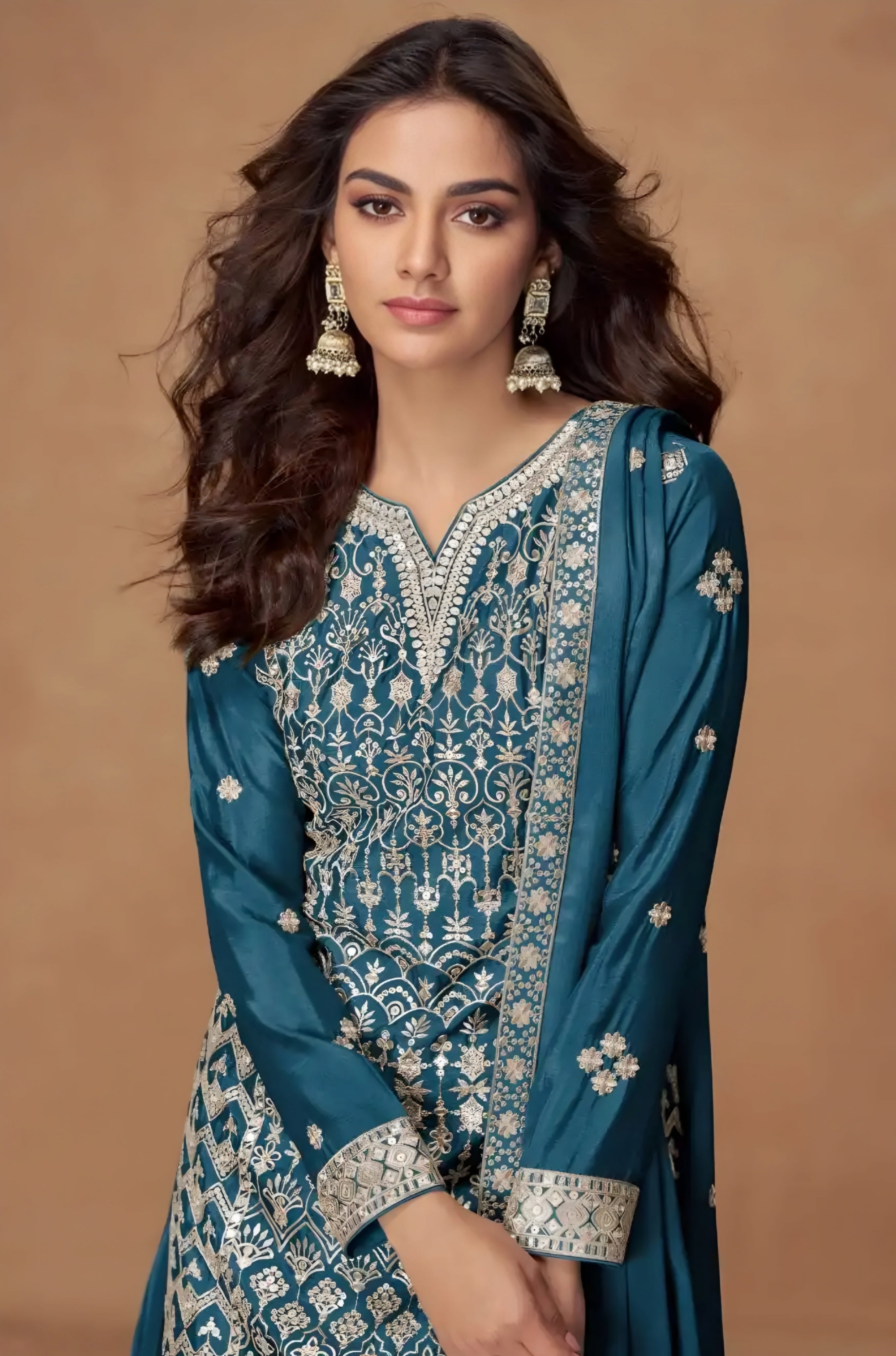 Embroidered Chinon Silk Palazzo Suits Teal