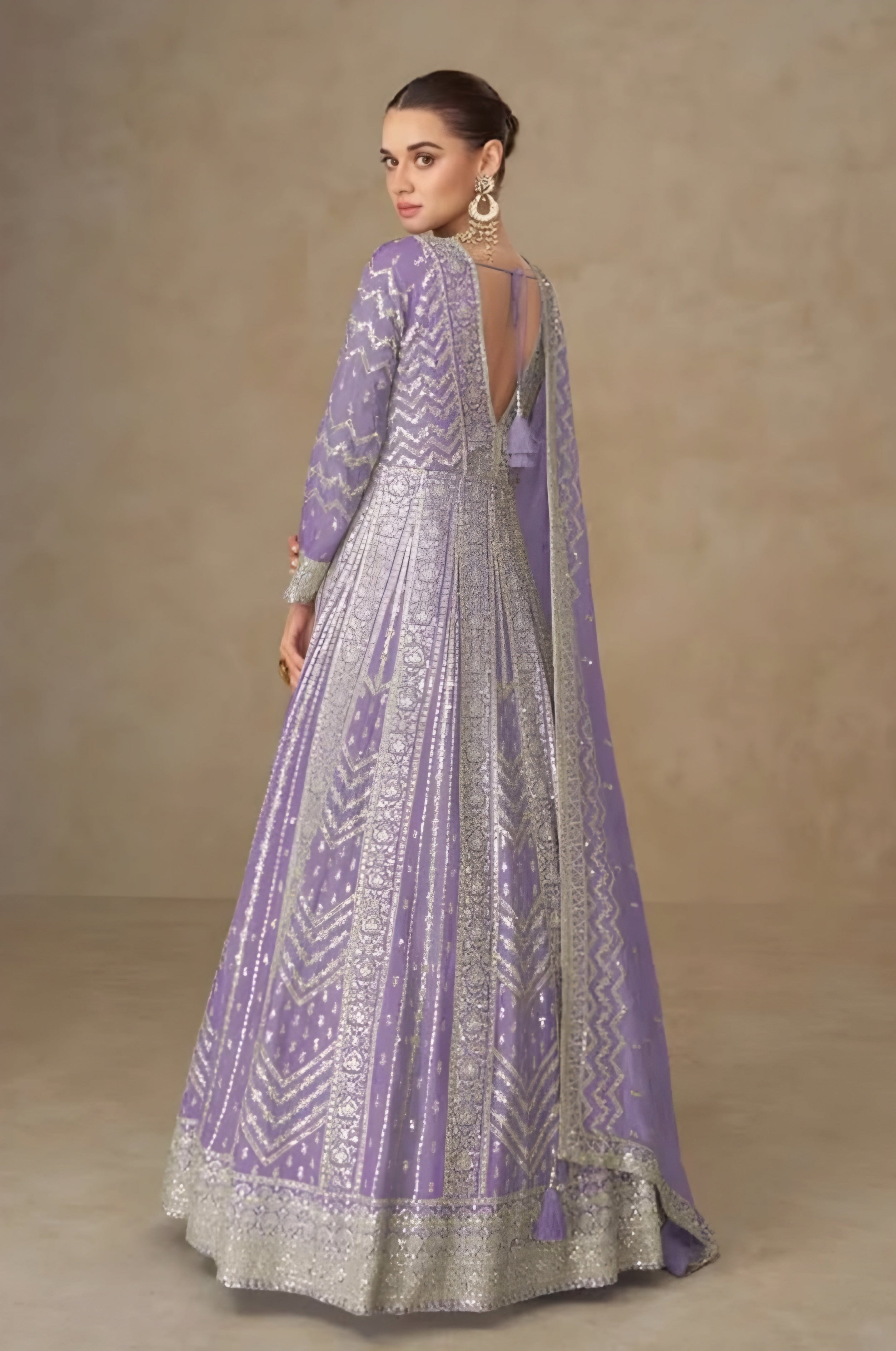 Premium Chinon Silk Embroidered Designer Anarkali Gown Lavender