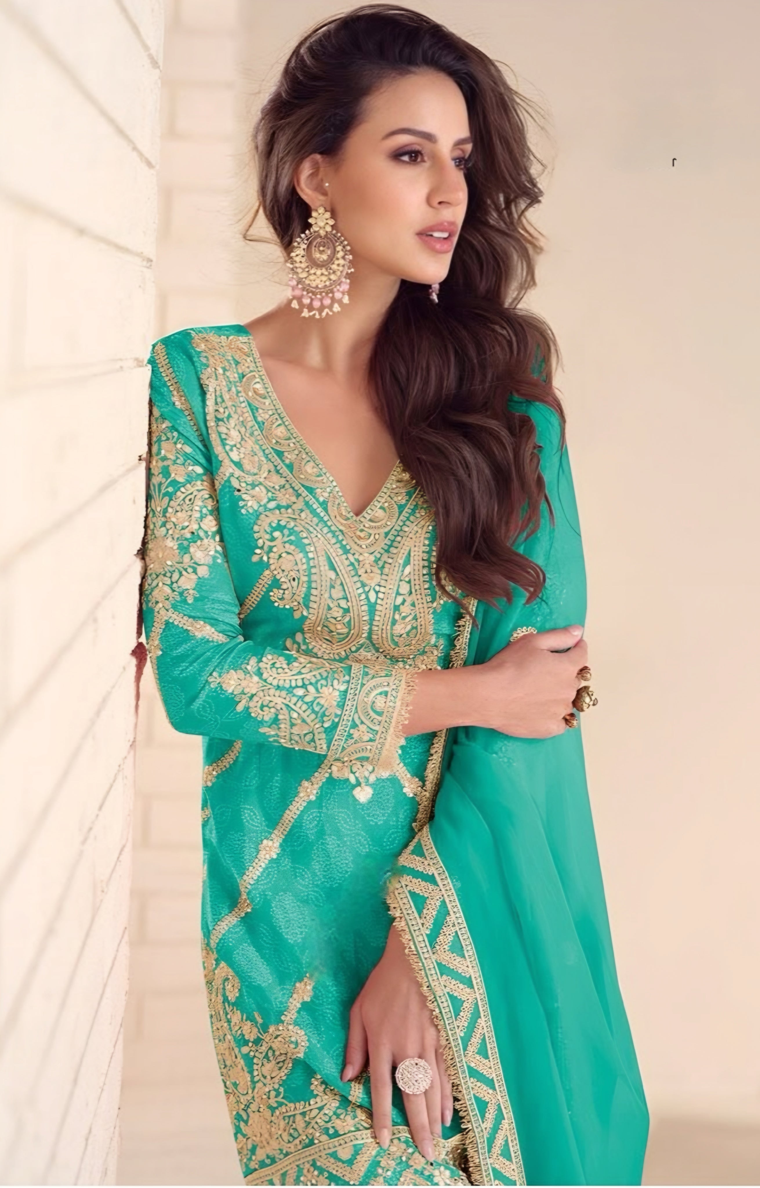 Green Embroidered Chinon Silk Palazzo Suits