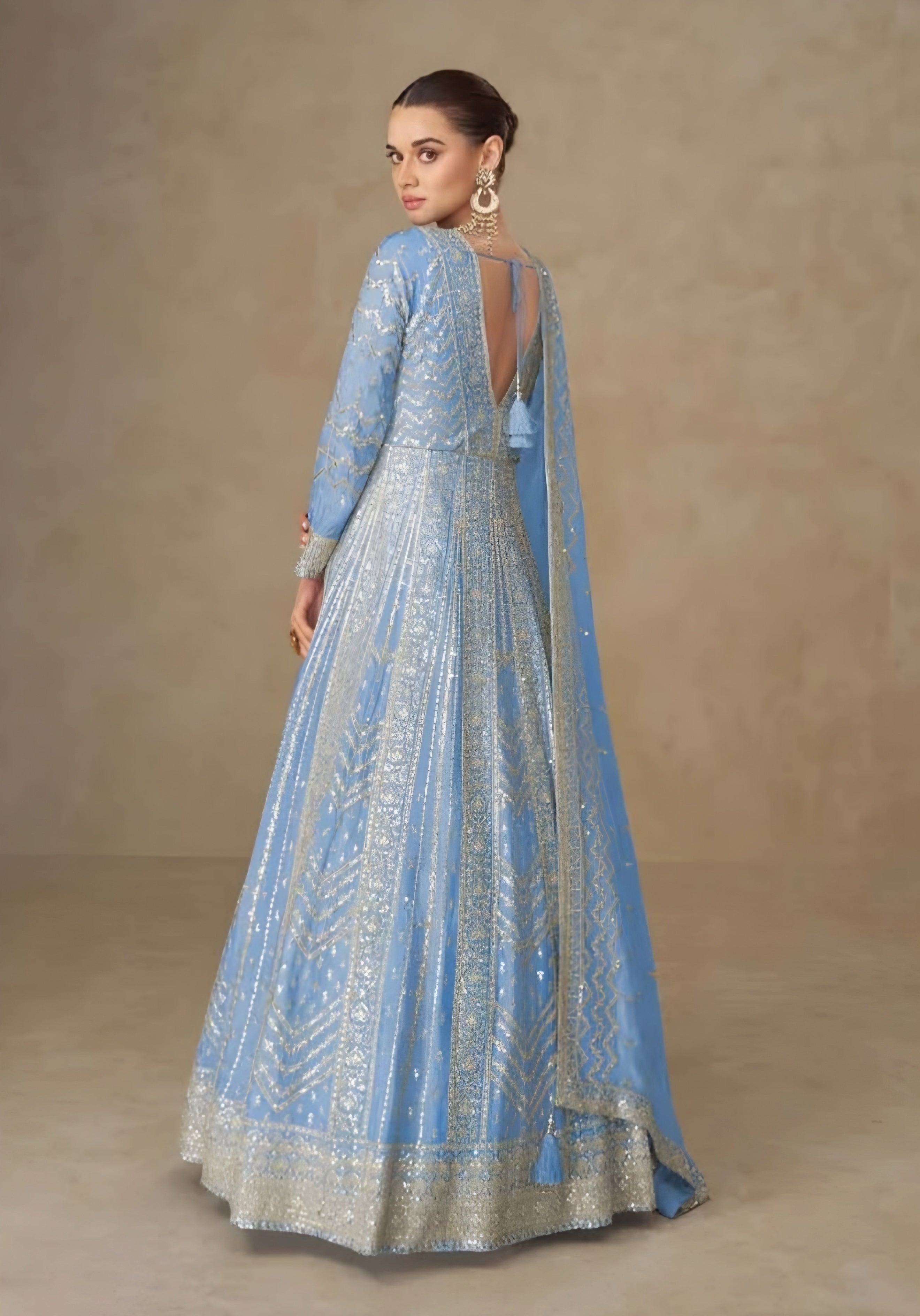 Premium Chinon Silk Embroidered Designer Anarkali Gown Blue
