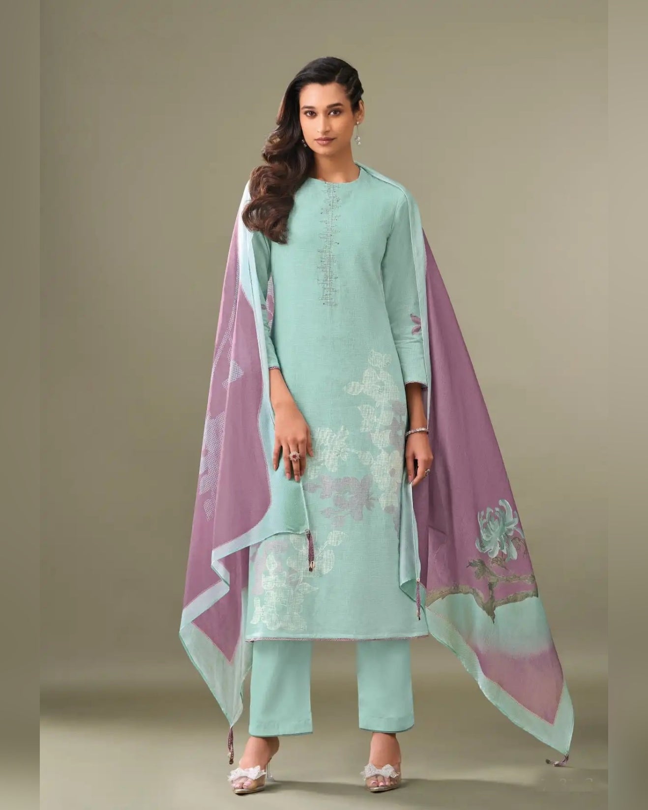 Vintage Linen Cotton Handworked Salwar Kameez with Pine Silk Dupatta Pastel Mint Green