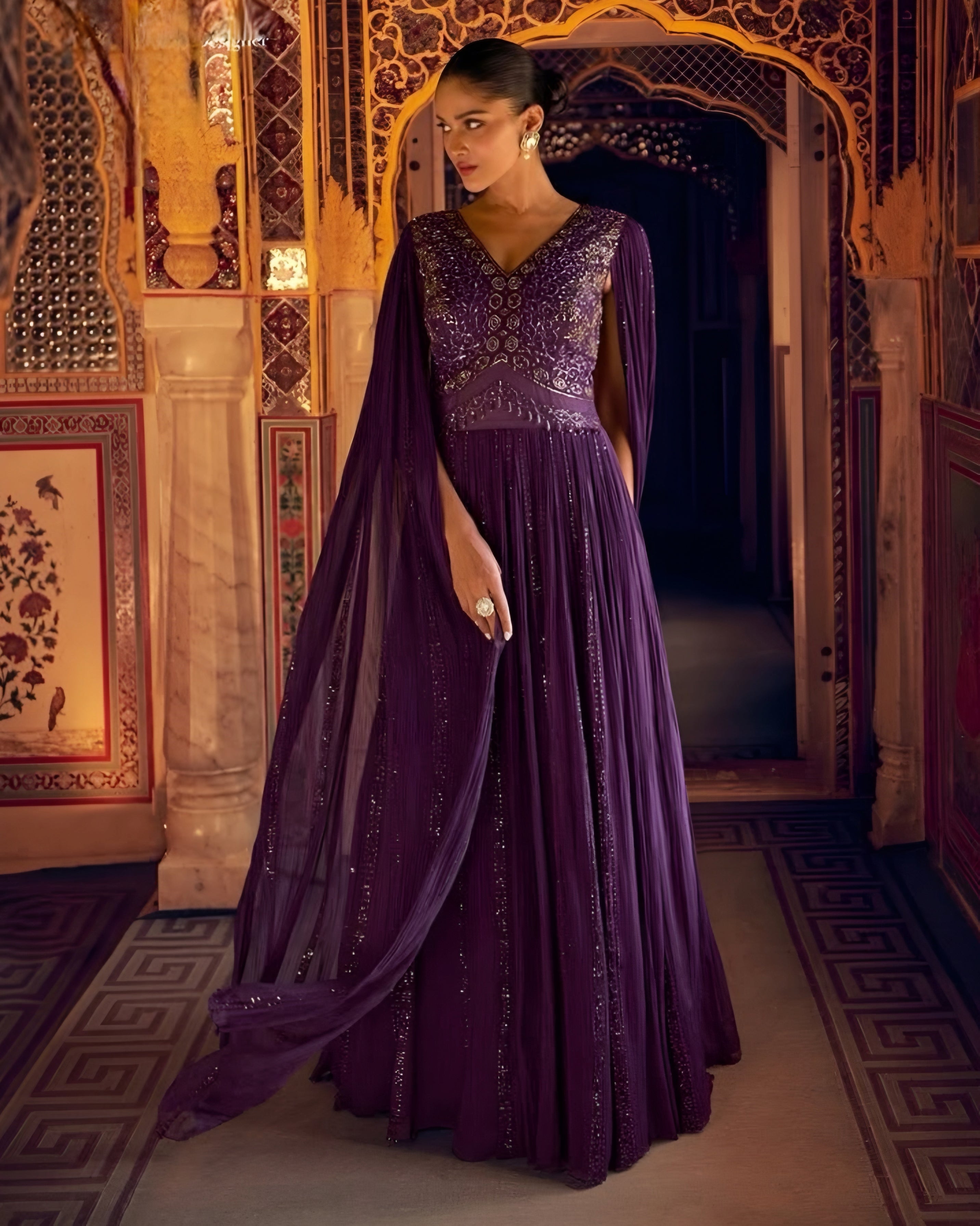 Embroidered Georgette Purple Designer Gown