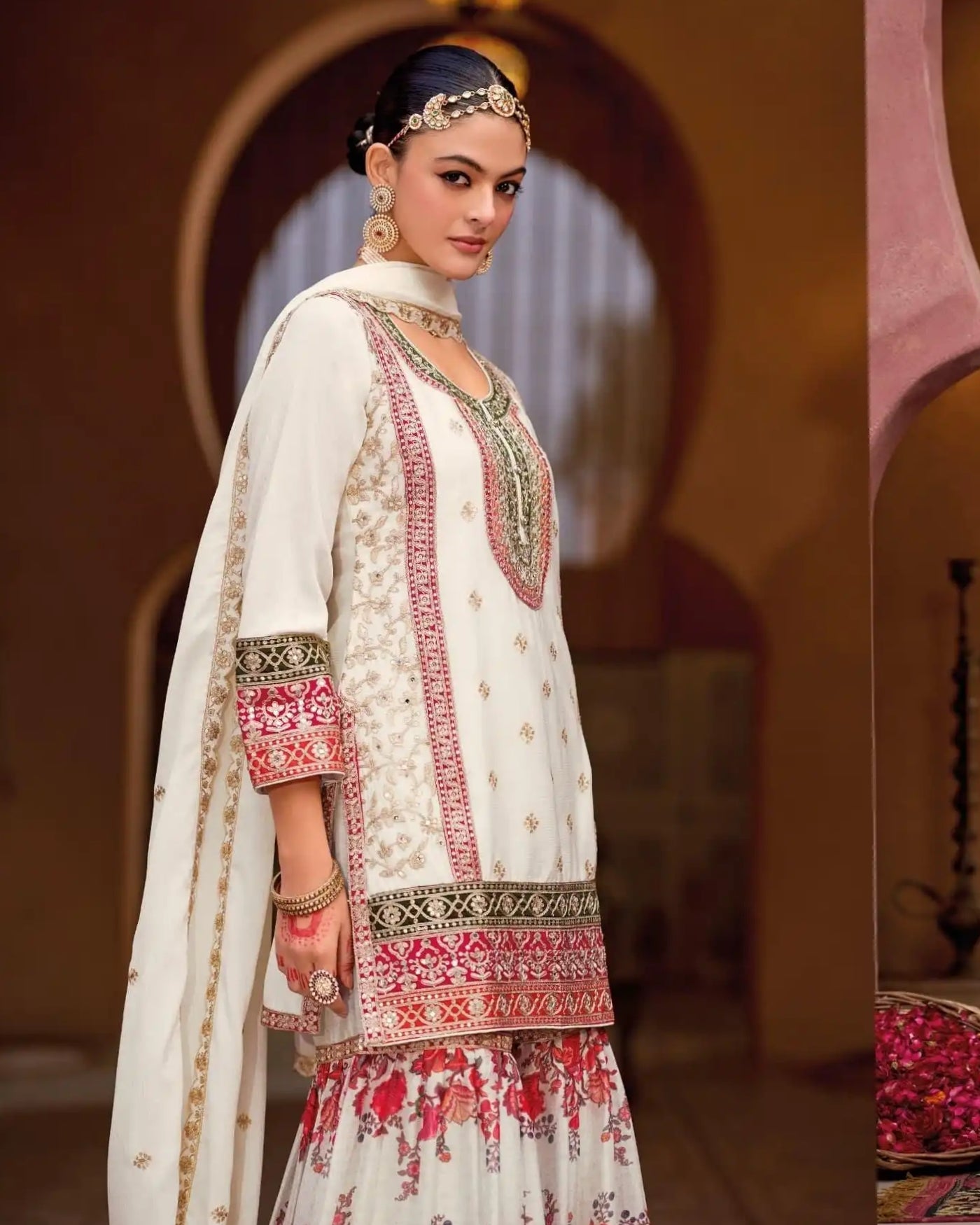 White Chinon Silk Embroidered Sharara Suits