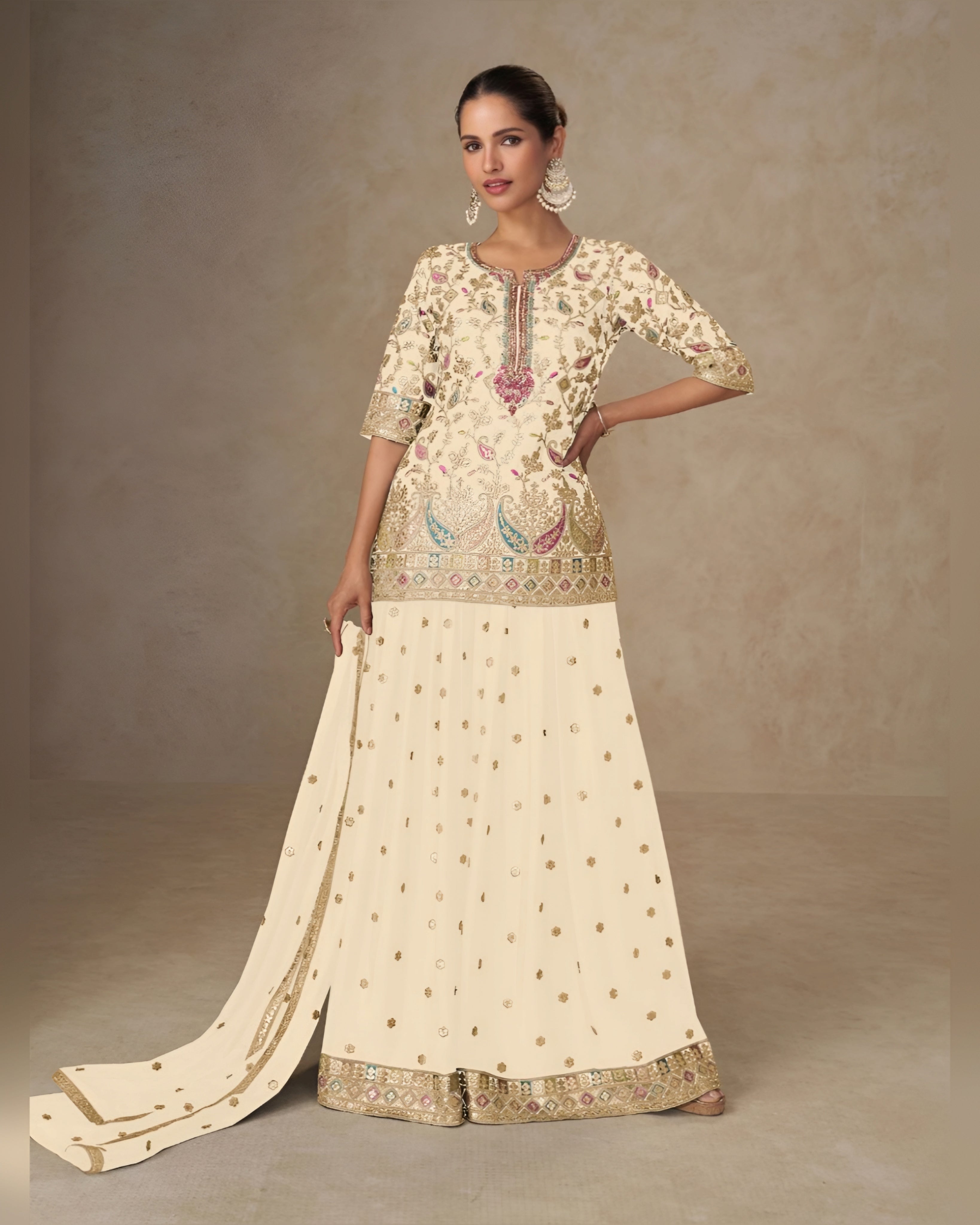 Chinon Silk Embroidered Sharara Suits Cream