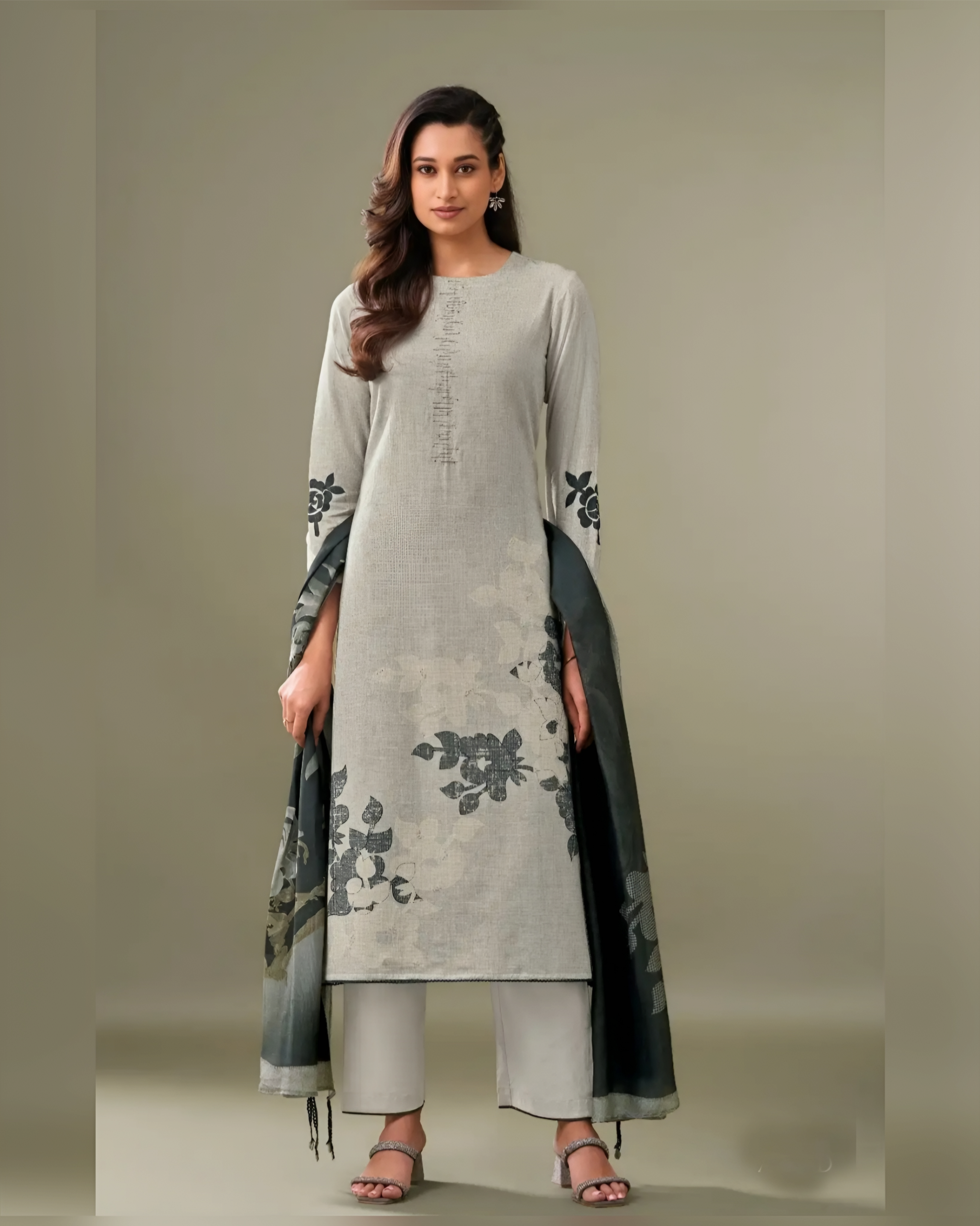 Elegant Grey Floral Printed Salwar Kameez Set with Dupatta