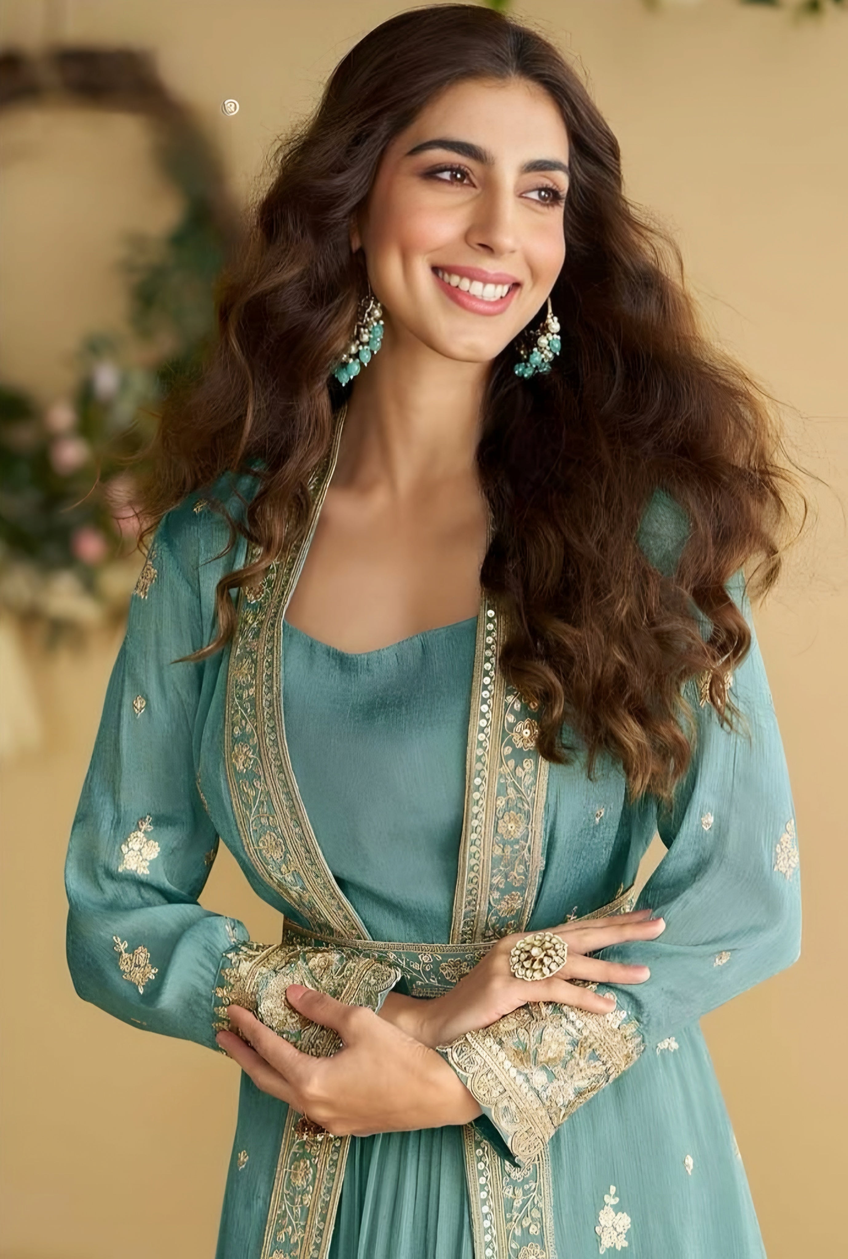 Turquoise Green Chinon Silk Embroidered Indo western Gown with Shrug