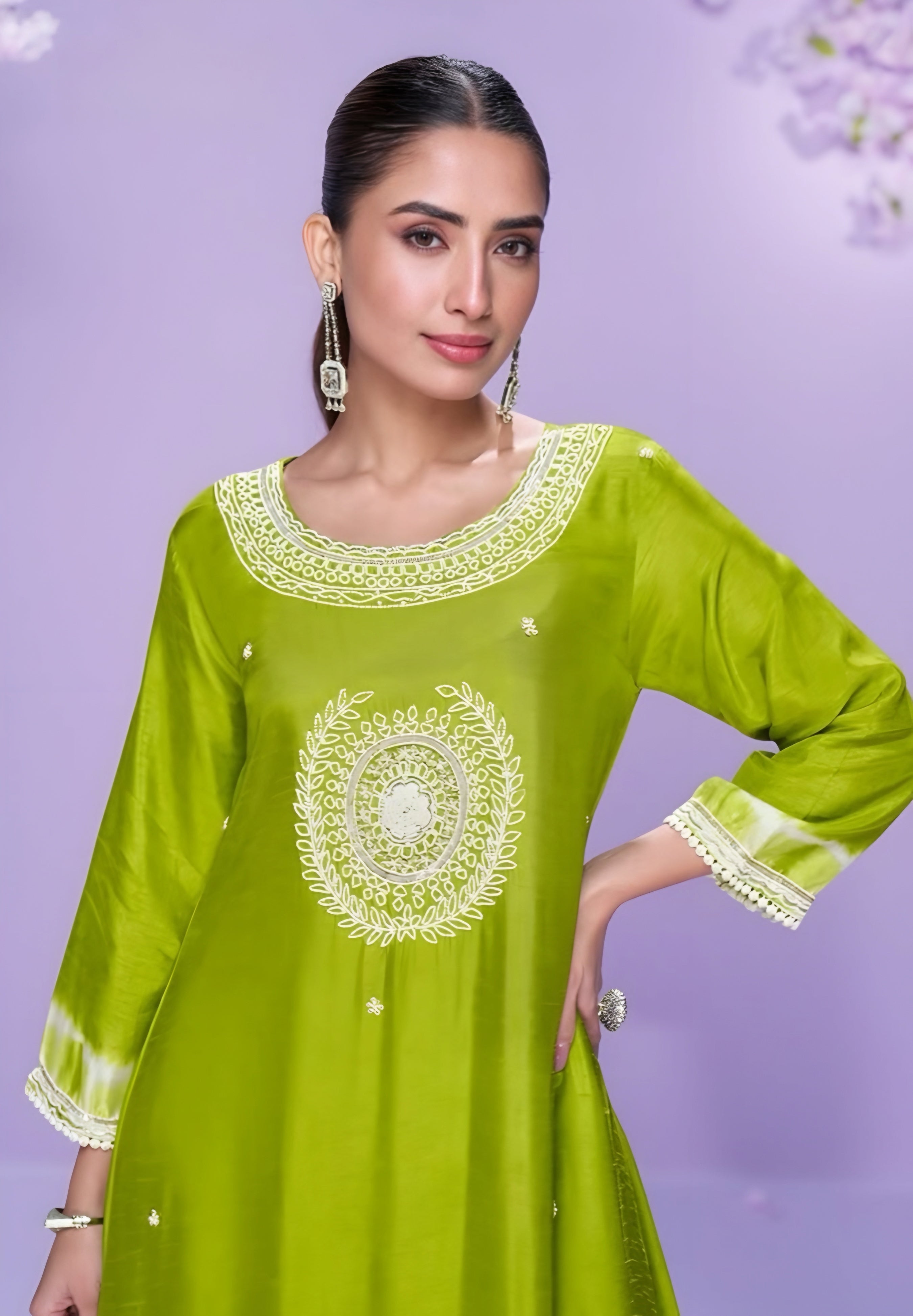 Premium Lime Green Silk Kurti Suit with Intricate Embroidery