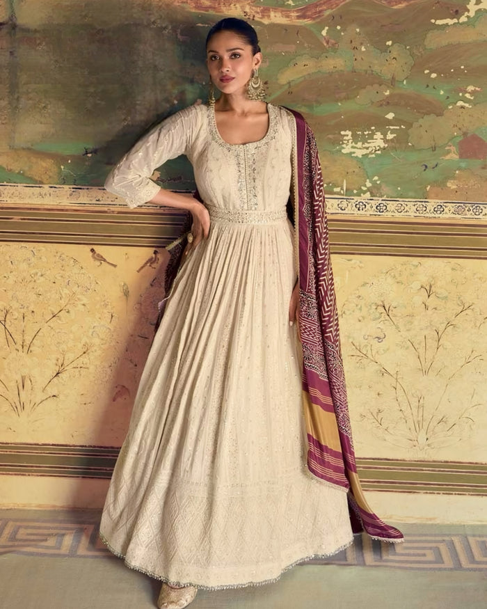Premium Real Georgette Chikankari Anarkali Gown Off White | Sakhi Fashions Perth