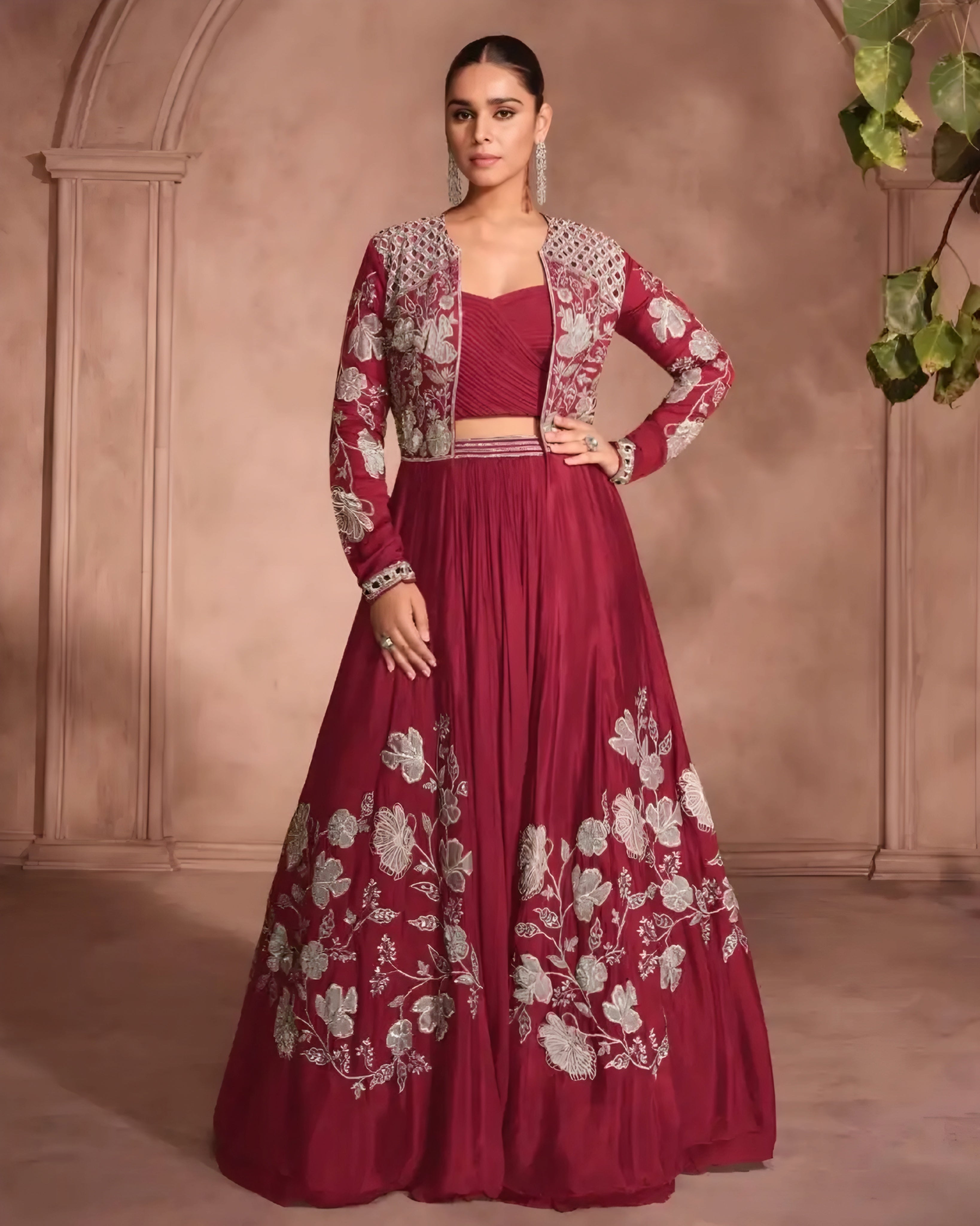 Premium Chinon Silk Embroidered Indo western Lehenga with Shrug