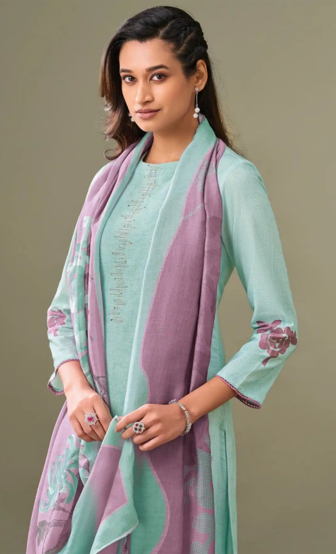 Vintage Linen Cotton Handworked Salwar Kameez with Pine Silk Dupatta Pastel Mint Green