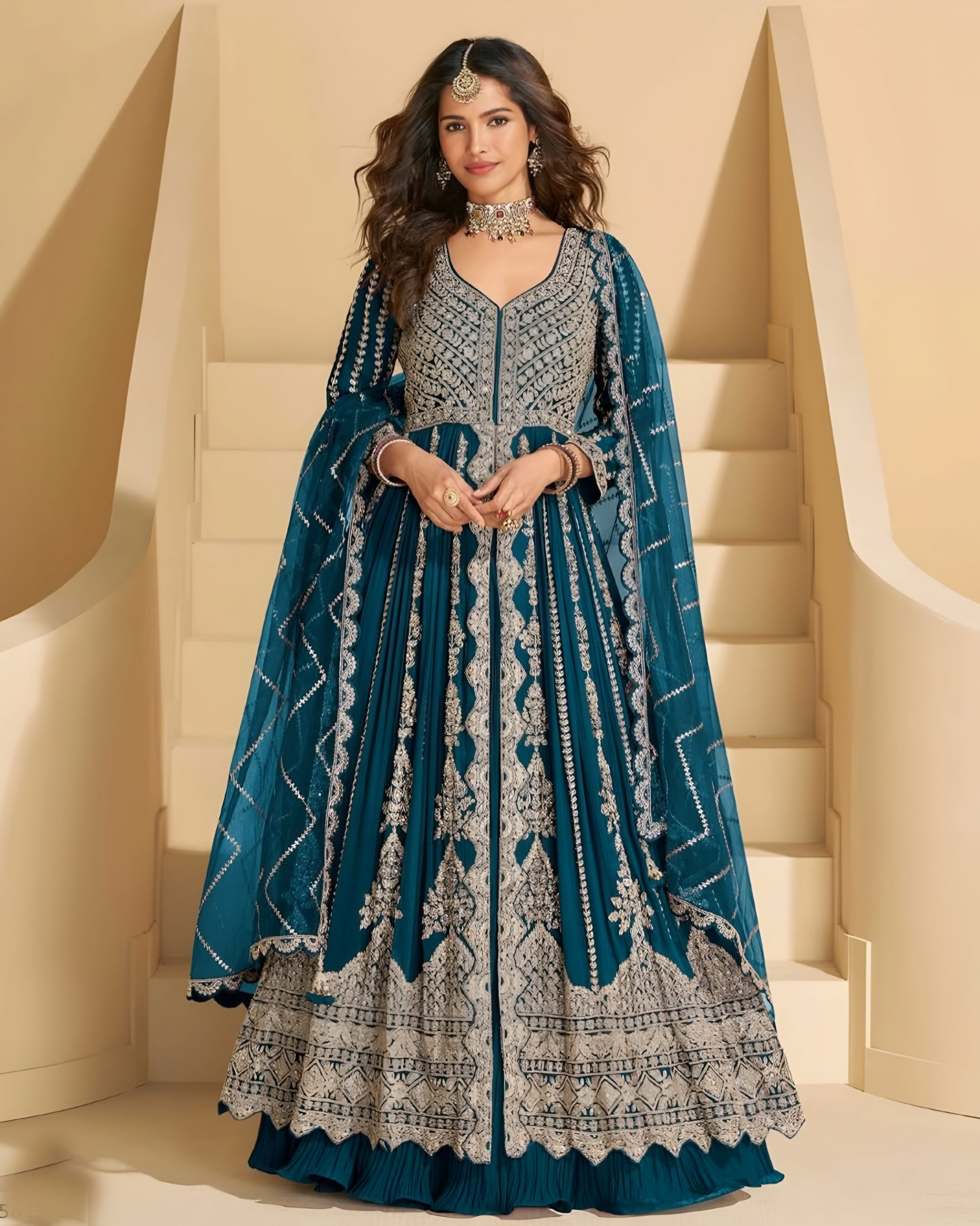 Real Chinon Sil Heavy Embroidered Wedding wear Anarkali Lehenga Suit