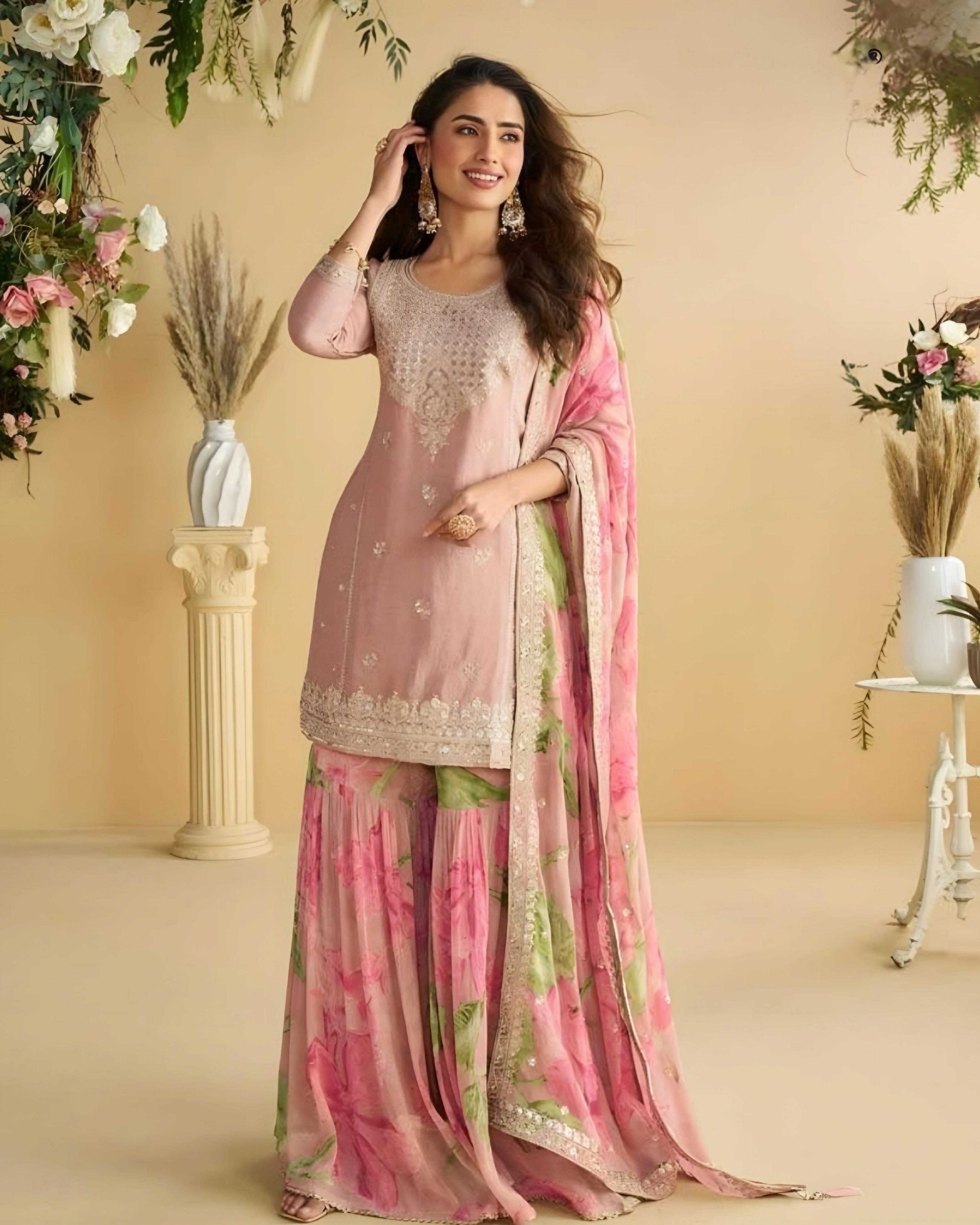 Pink Chinon Silk Sharara Suits
