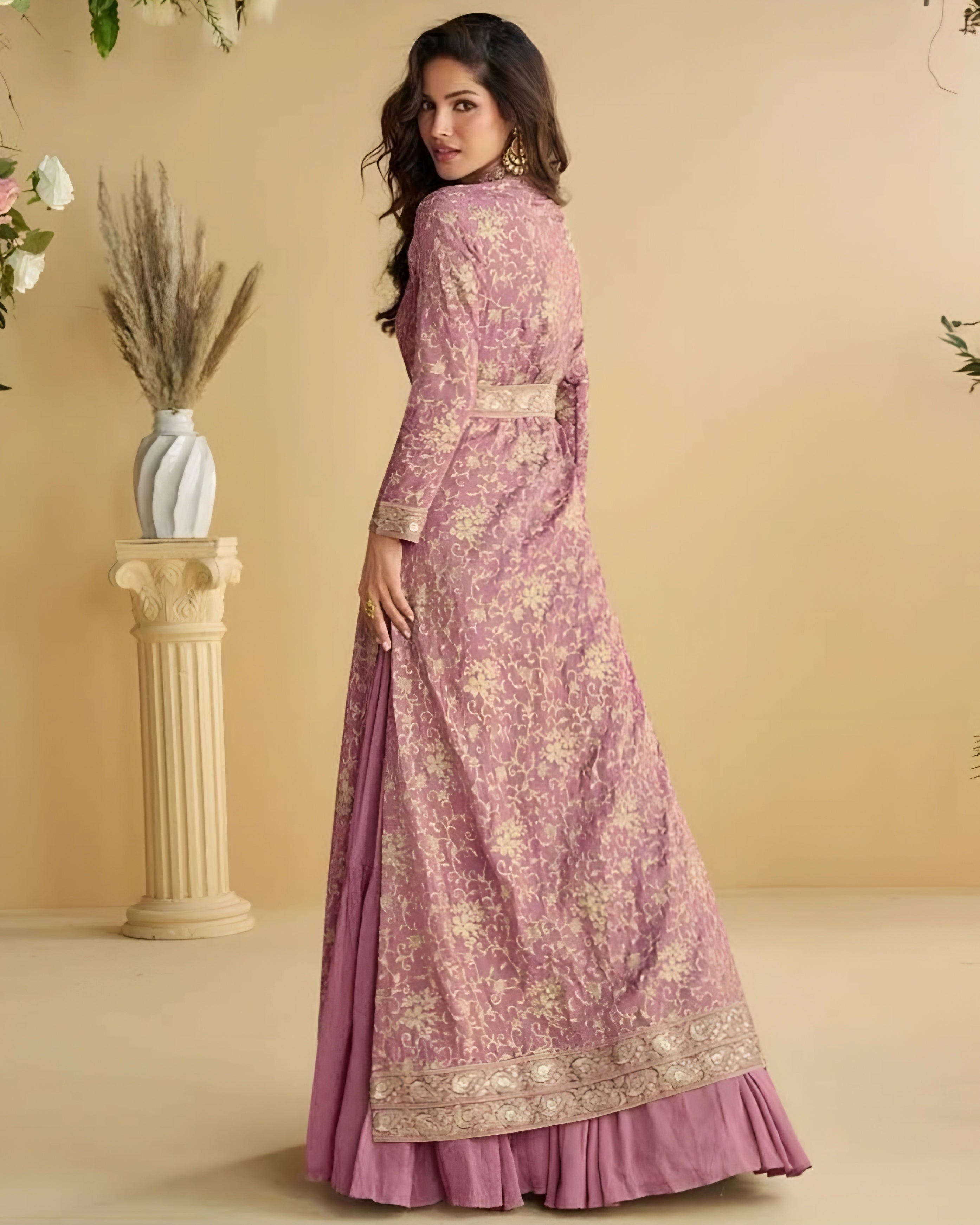 Mauve Pink Chinon Silk Embroidered Indo western Gown with Shrug