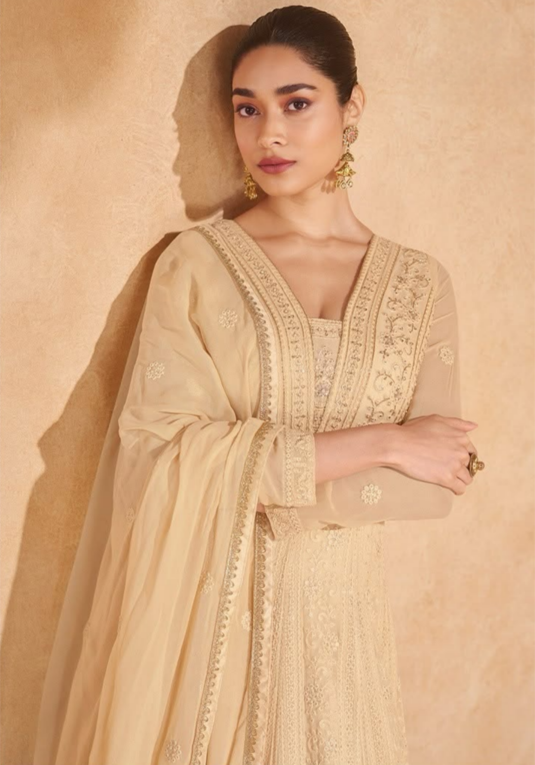 Beige Georgette Embroidered Anarkali Gown