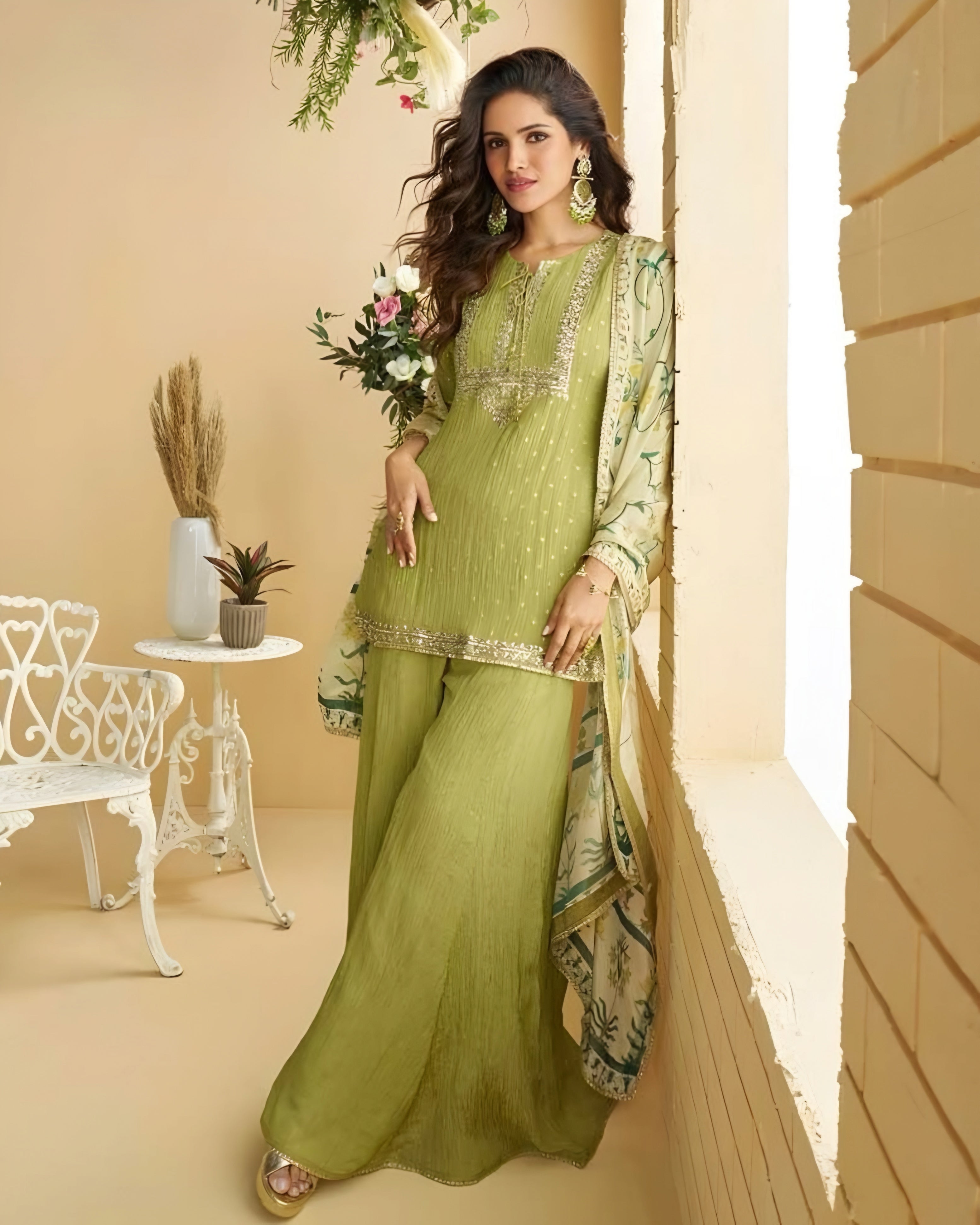 Olive Green Chinon Silk Palazzo Suits
