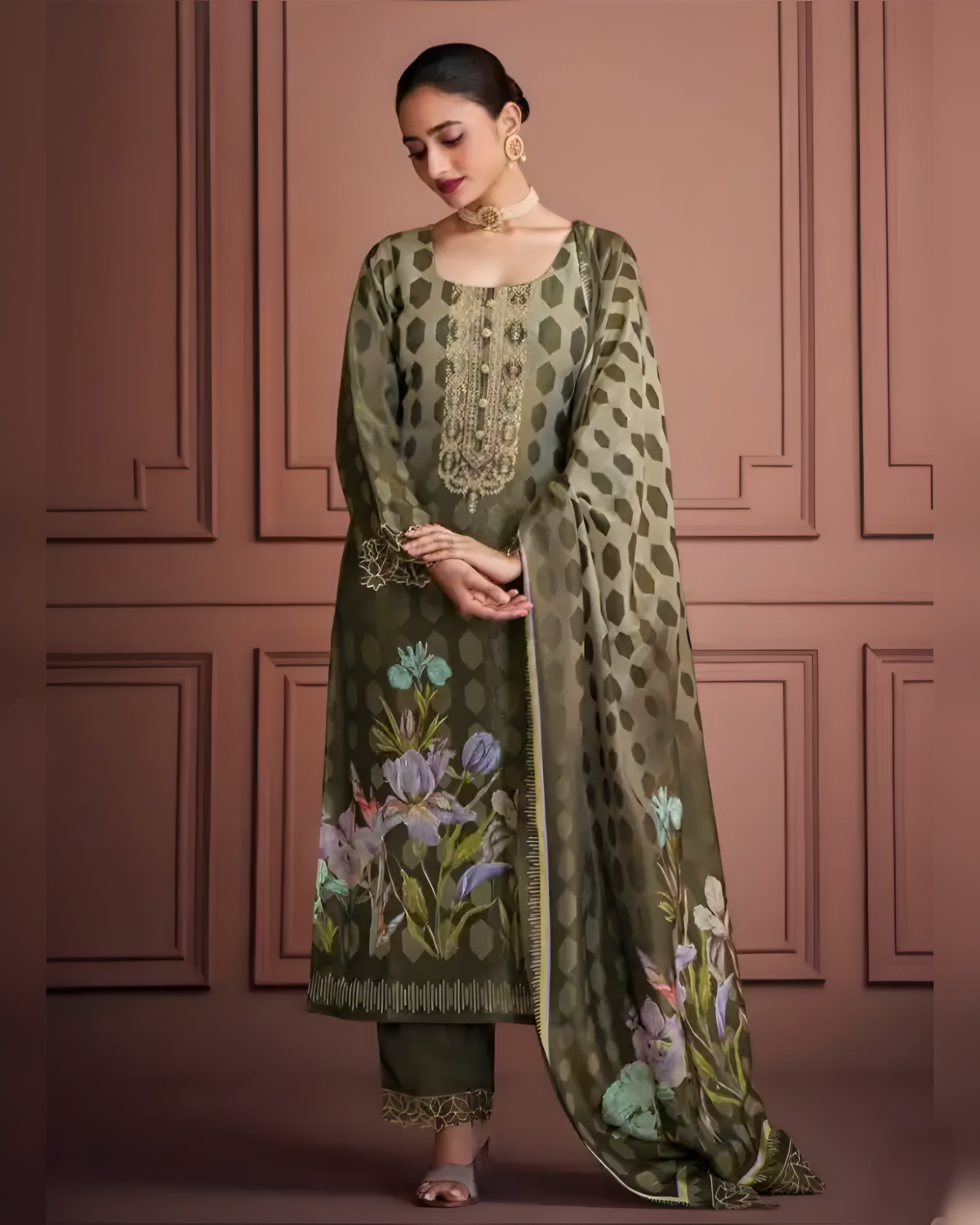 Olive Green Hexagon Pattern Muslin Salwar Suit with Floral Digital Print & Zari Embroidery | Sakhi Fashions Perth