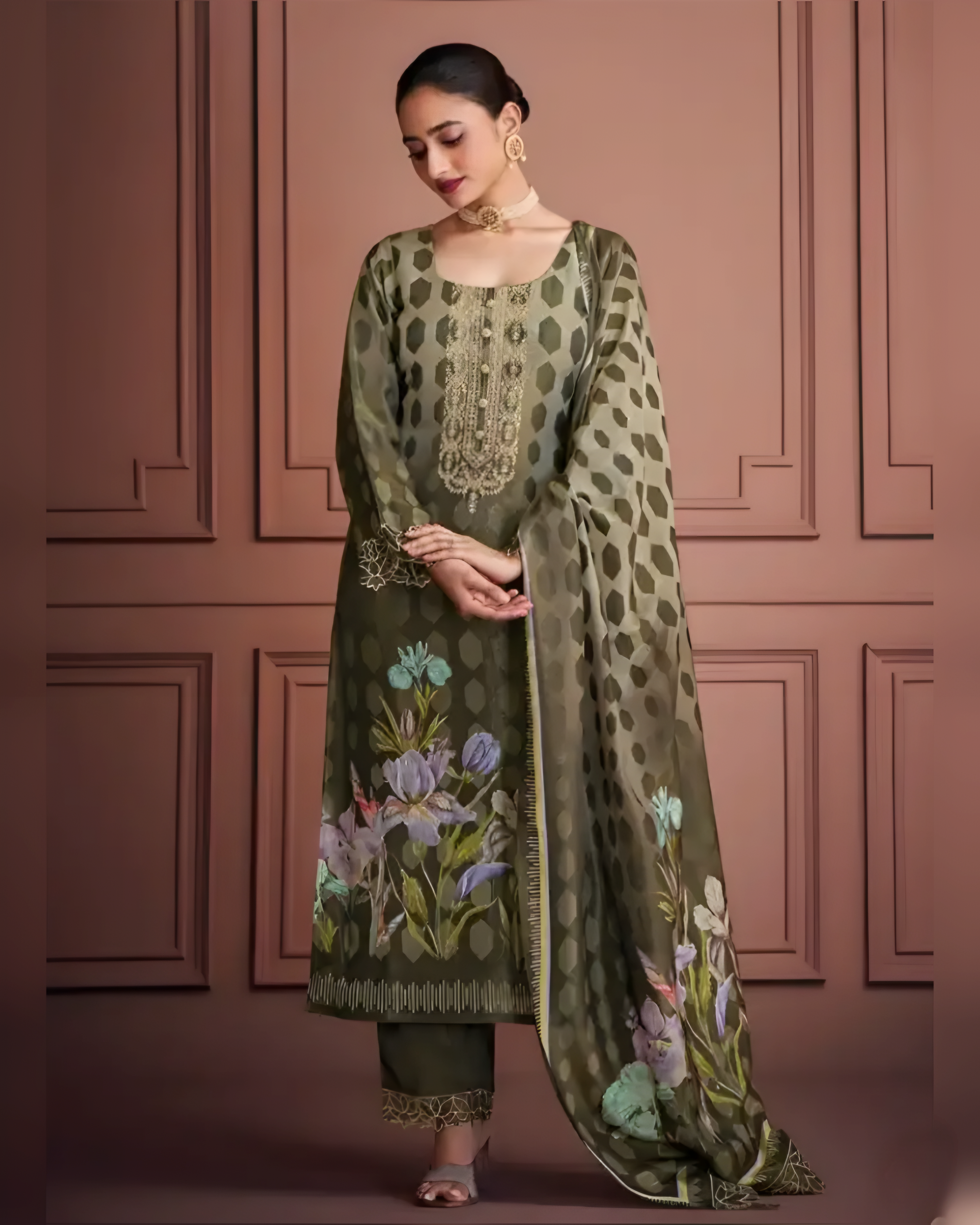 Olive Green Hexagon Pattern Muslin Salwar Suit with Floral Digital Print & Zari Embroidery