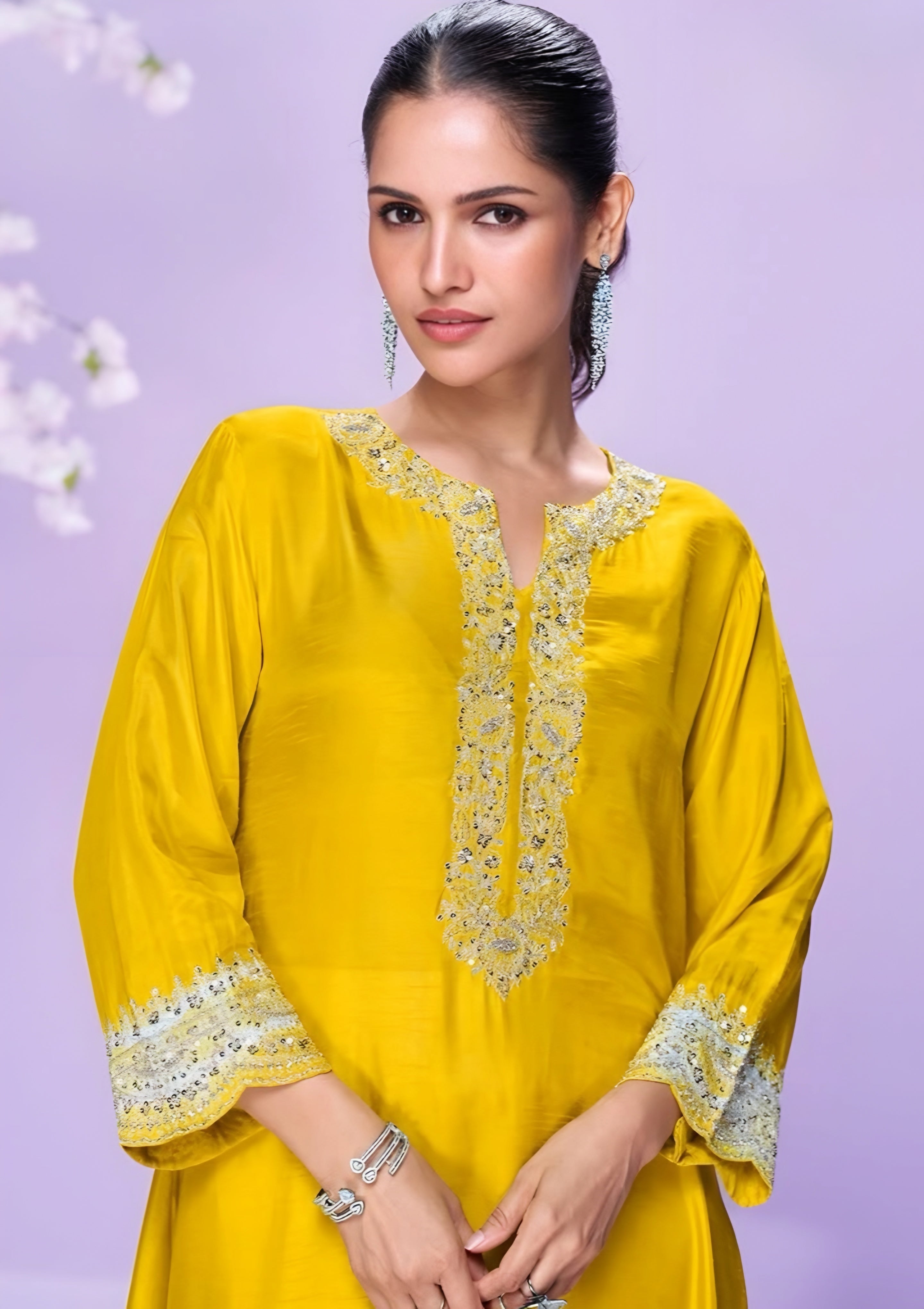 Premium Yellow Silk Kurti Suit with Intricate Embroidery