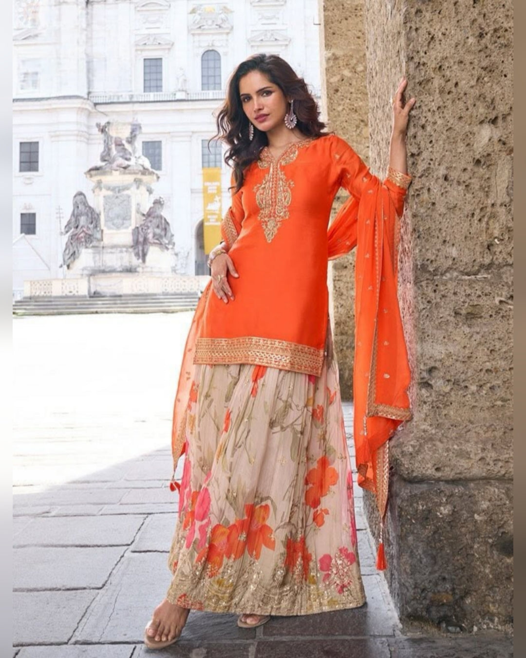 Real Chinon Floral Digital Print Salwar Suits orange