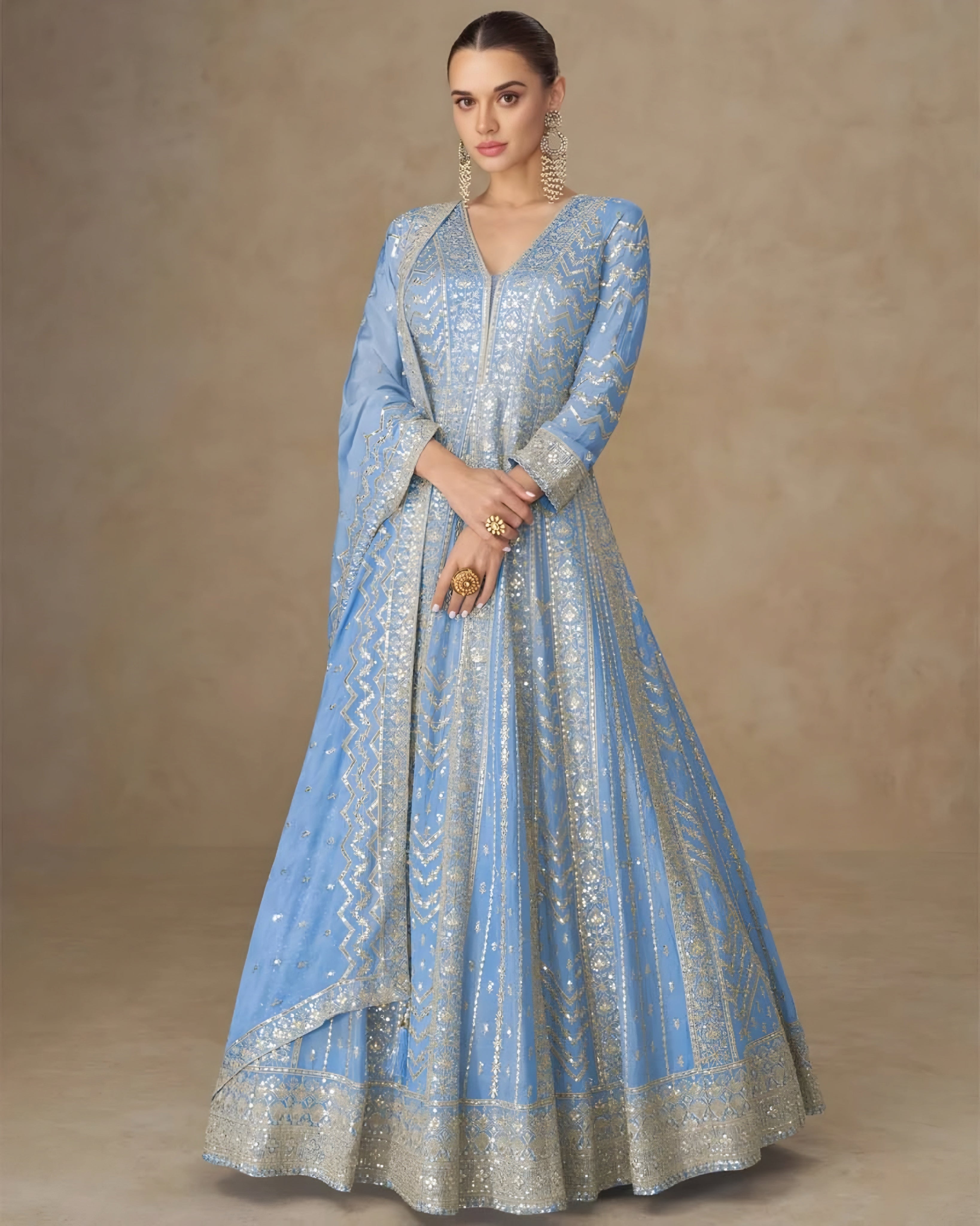 Premium Chinon Silk Embroidered Designer Anarkali Gown Blue