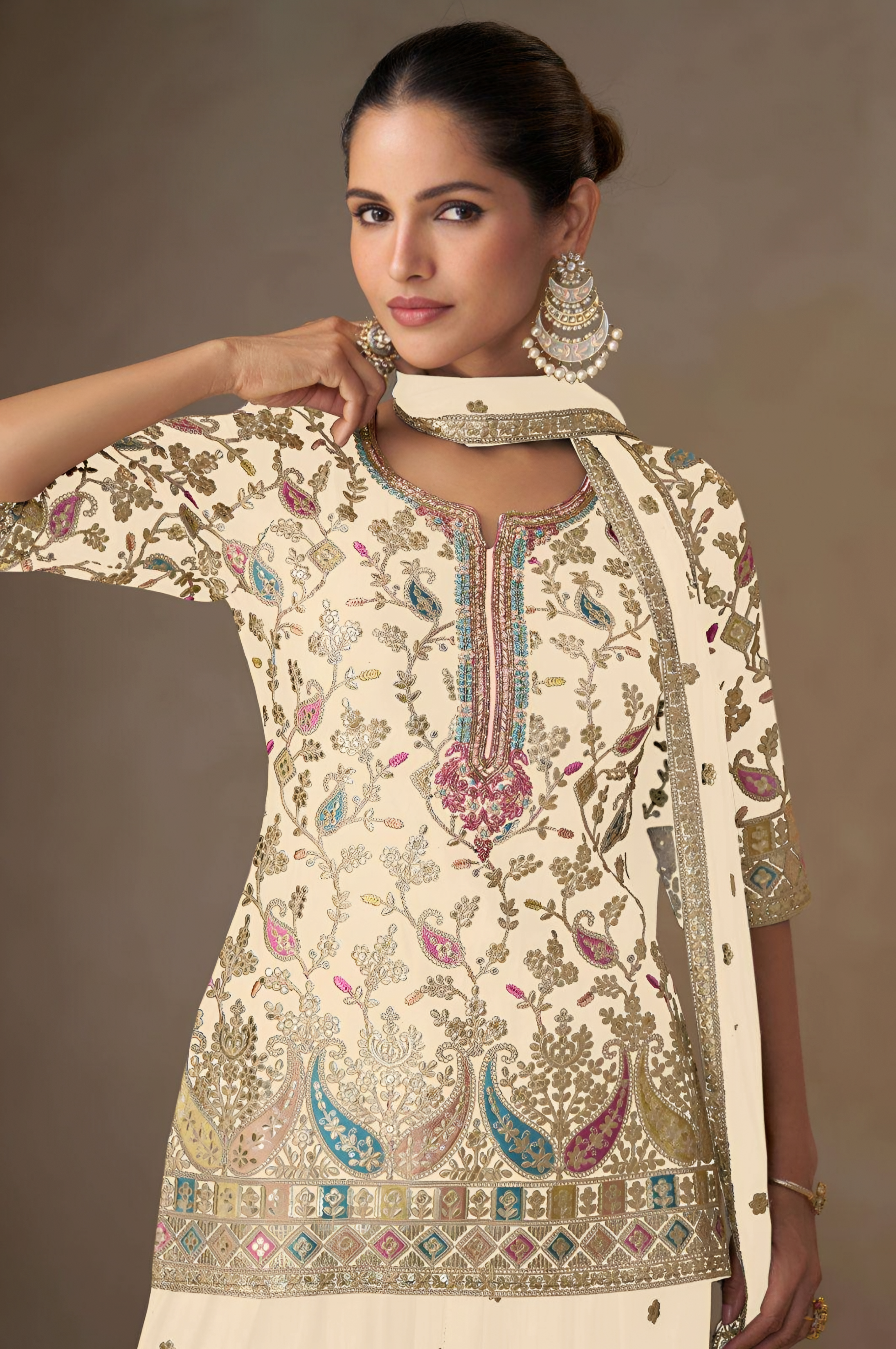 Chinon Silk Embroidered Sharara Suits Cream