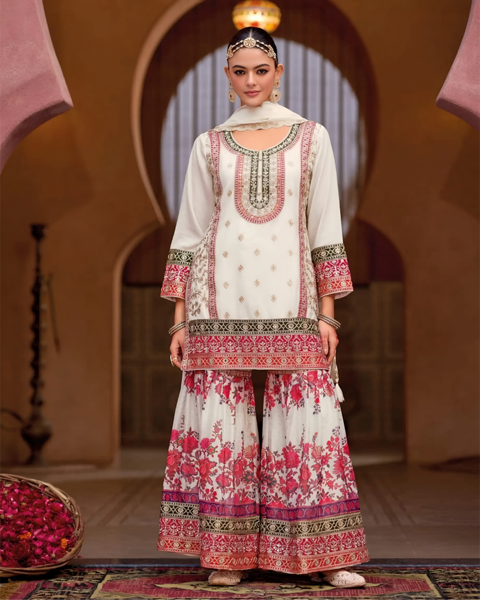 White Chinon Silk Embroidered Sharara Suits | Sakhi Fashions Perth