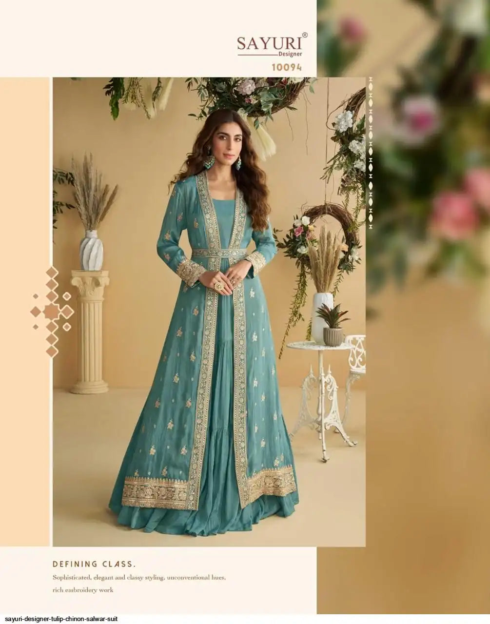 Turquoise Green Chinon Silk Embroidered Indo western Gown with Shrug