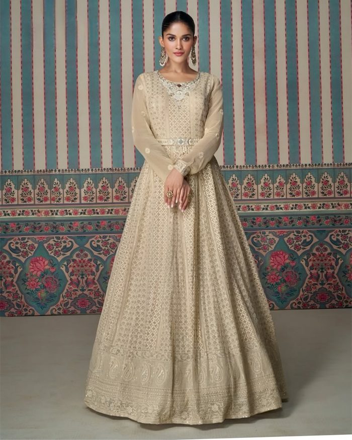 Champagne Gold Georgette Embroidered Anarkali Gown | Sakhi Fashions Perth