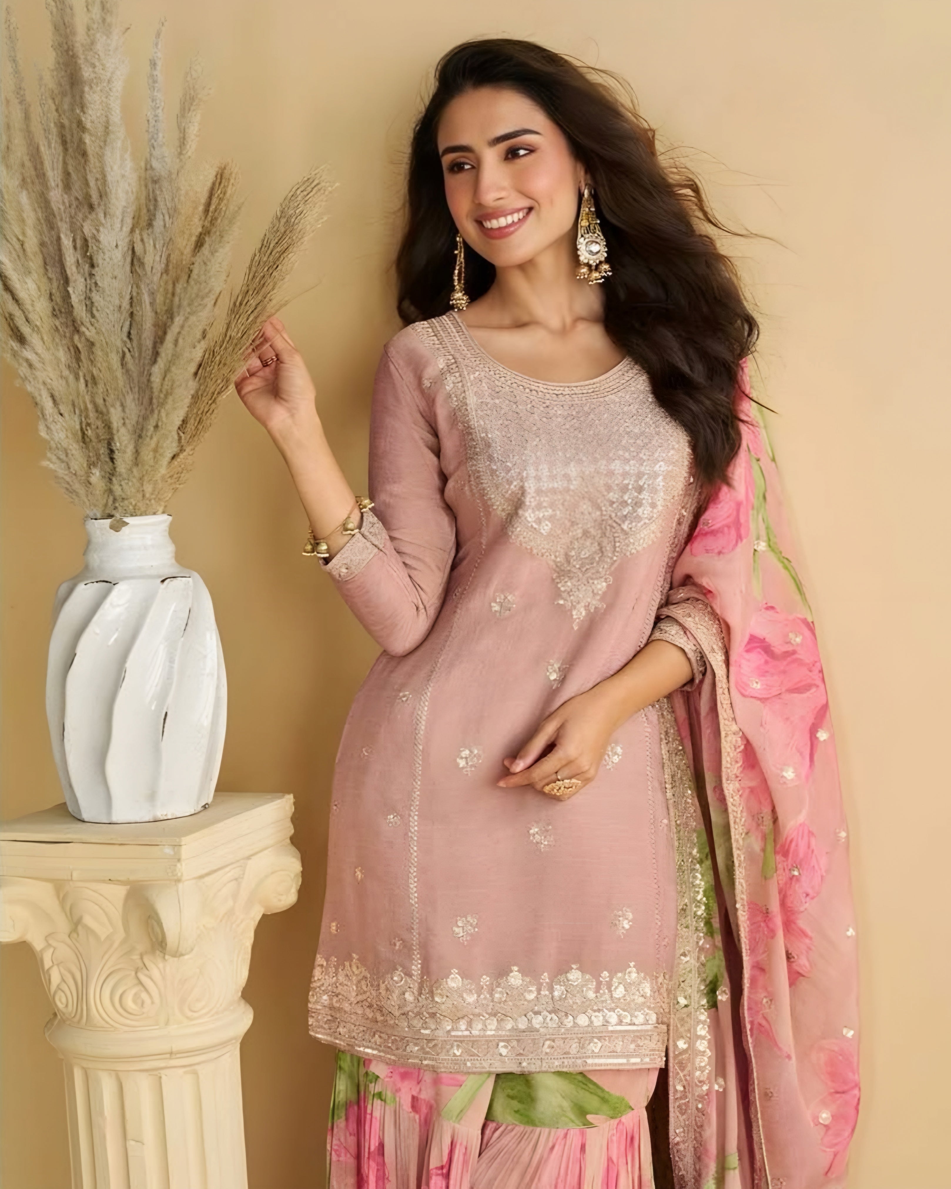 Pink Chinon Silk Sharara Suits