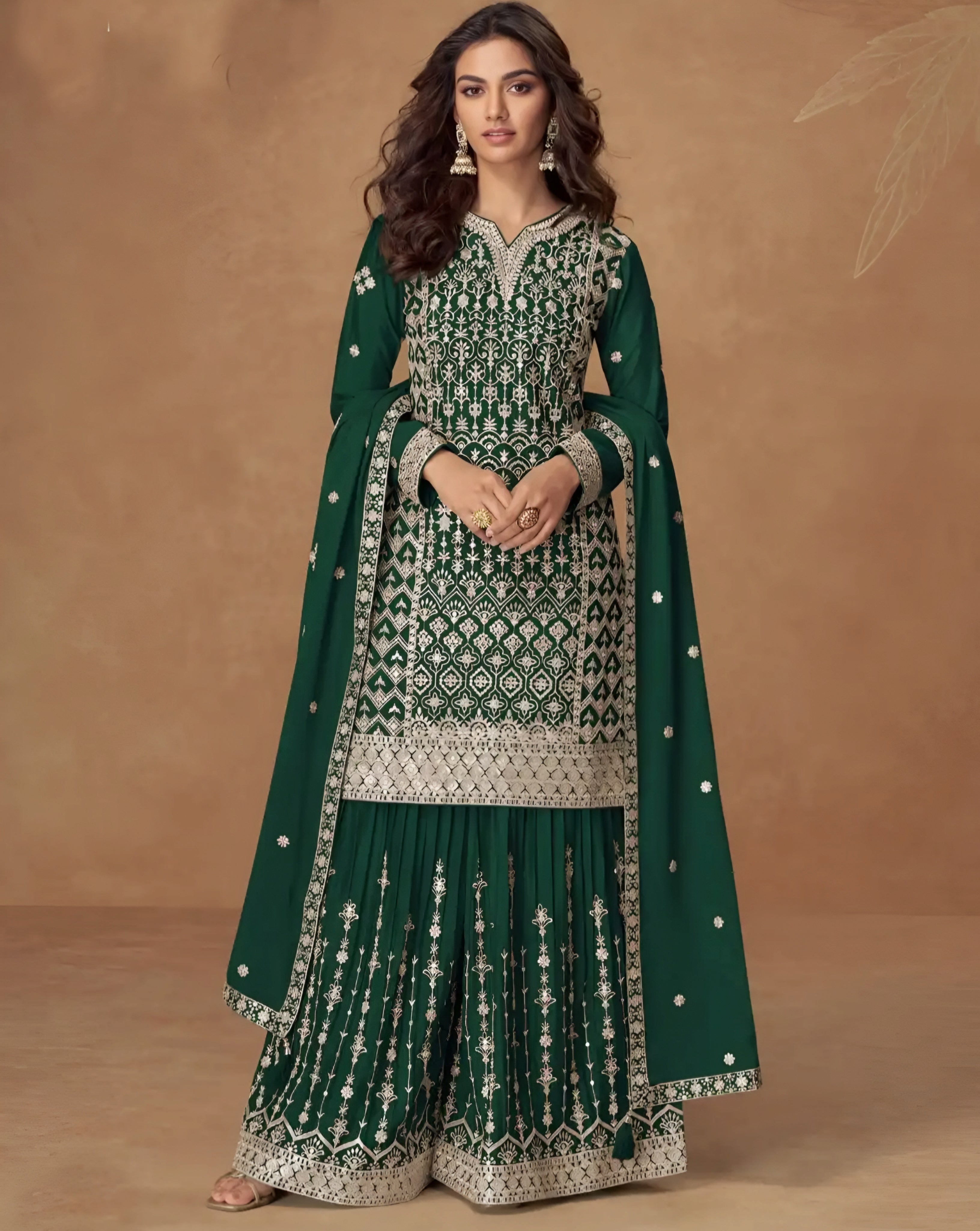 Embroidered Chinon Silk Palazzo Suits Green