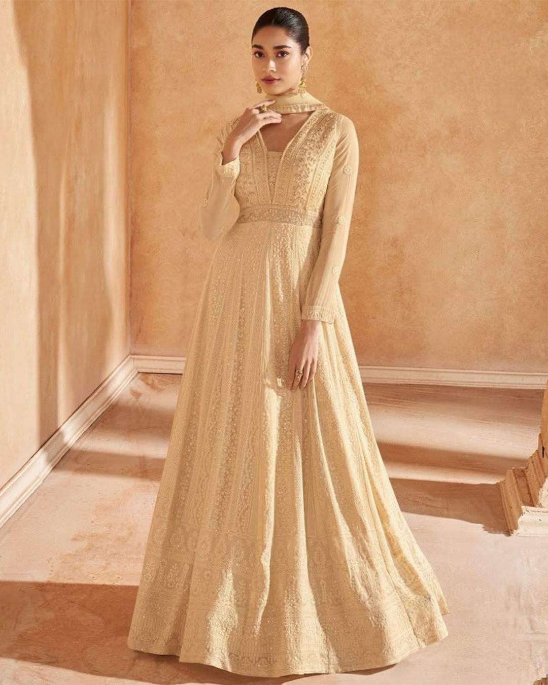 Beige Georgette Embroidered Anarkali Gown