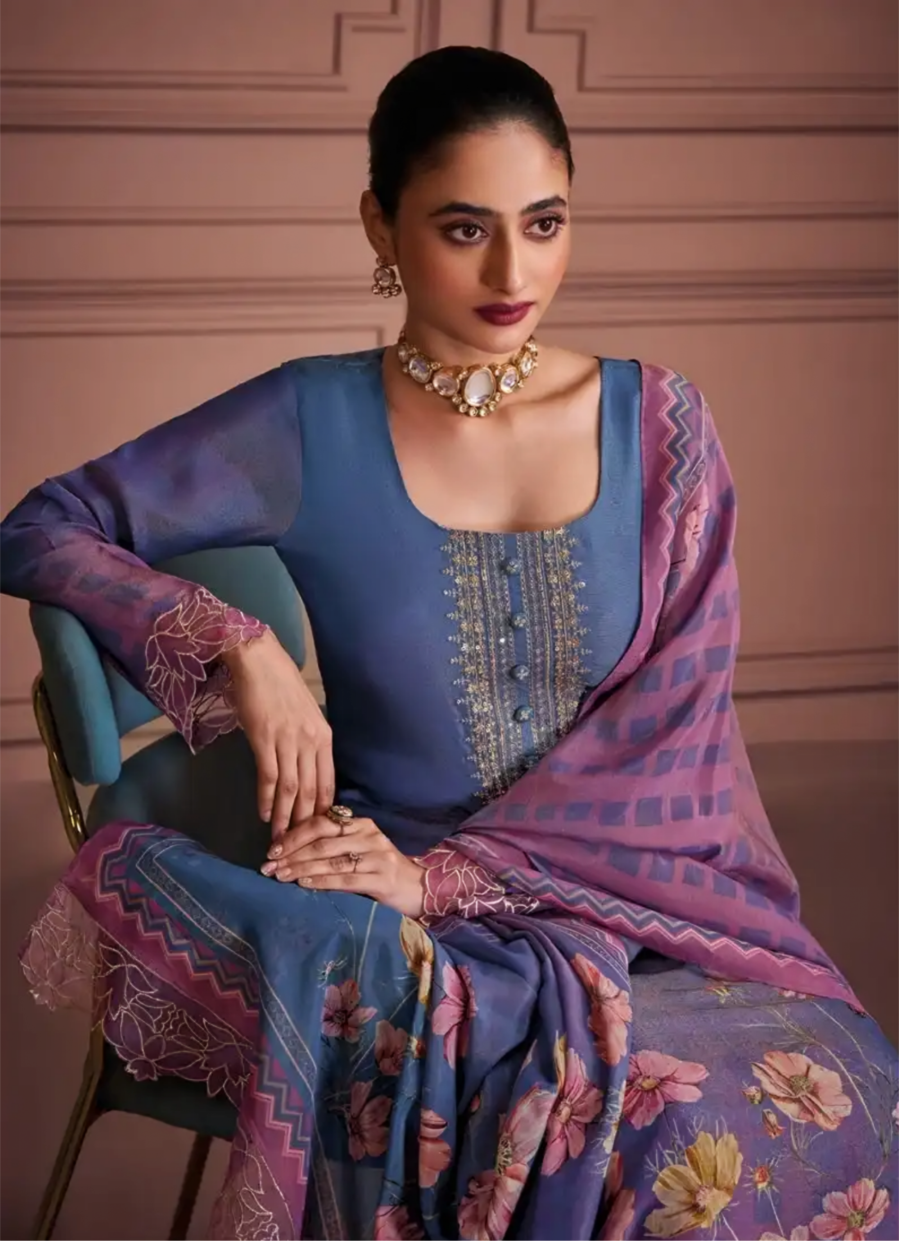Lavender Blue & Pink Floral Muslin Salwar  Suit with Zari Embroidery and Digital Printed Dupatta