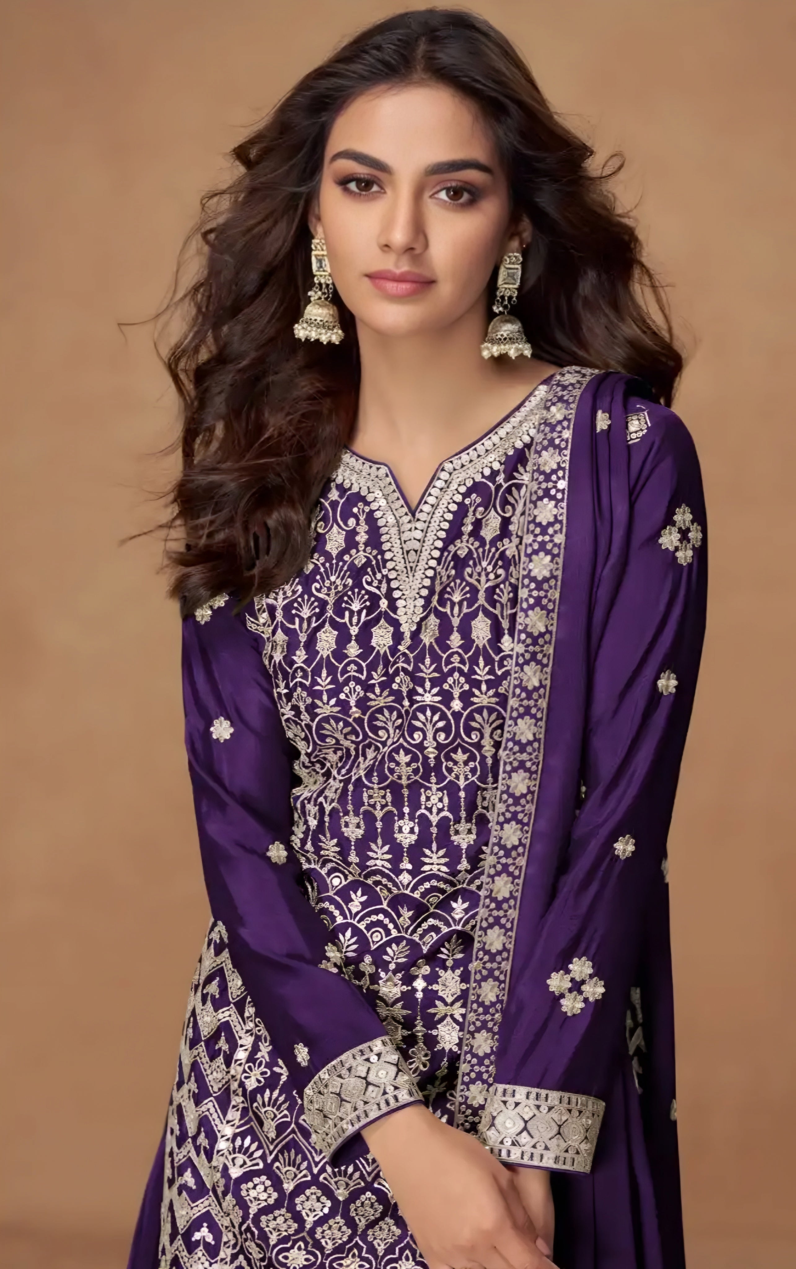 Embroidered Chinon Silk Palazzo Suits Purple
