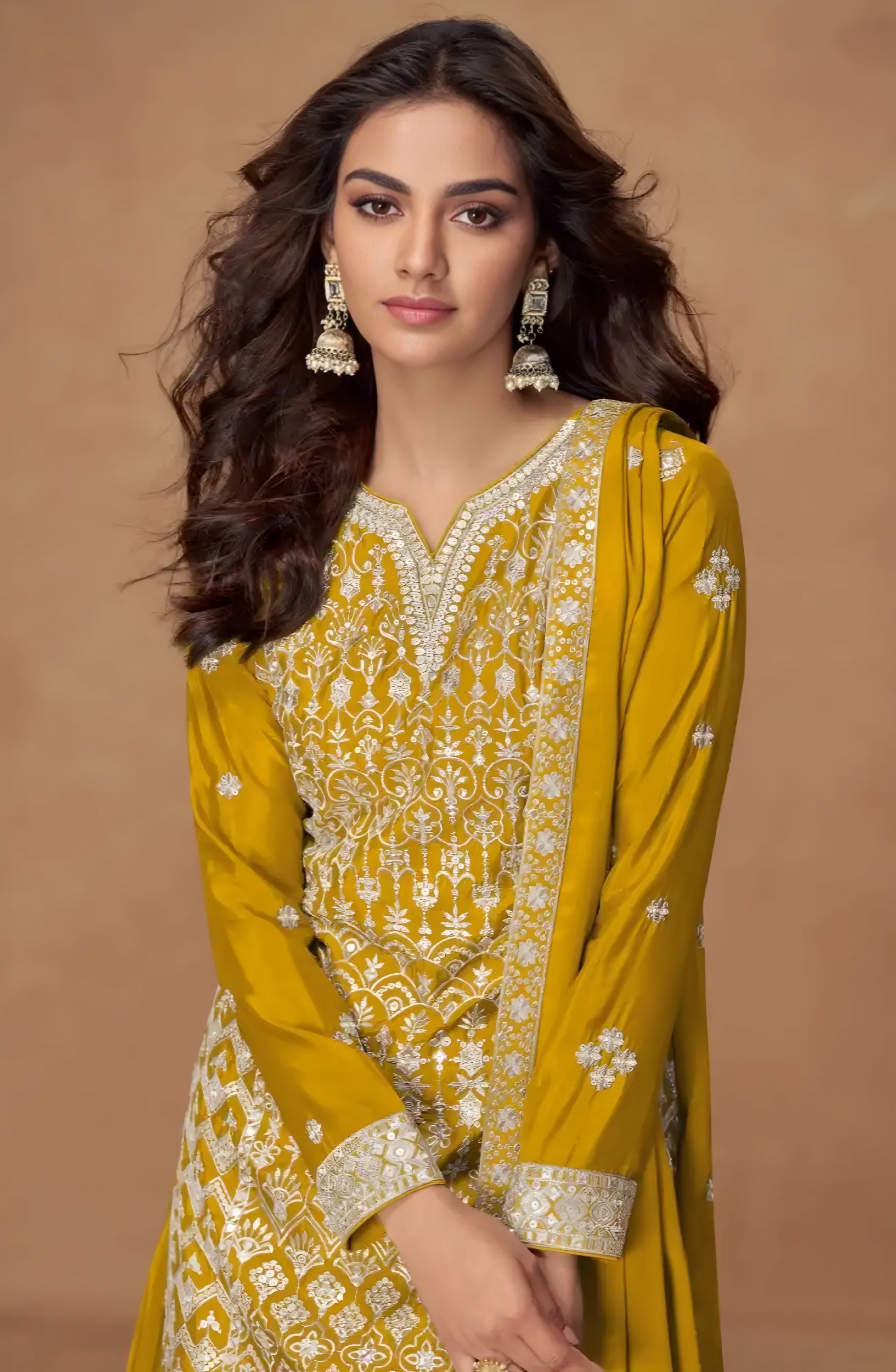 Embroidered Chinon Silk Palazzo Suits Yellow