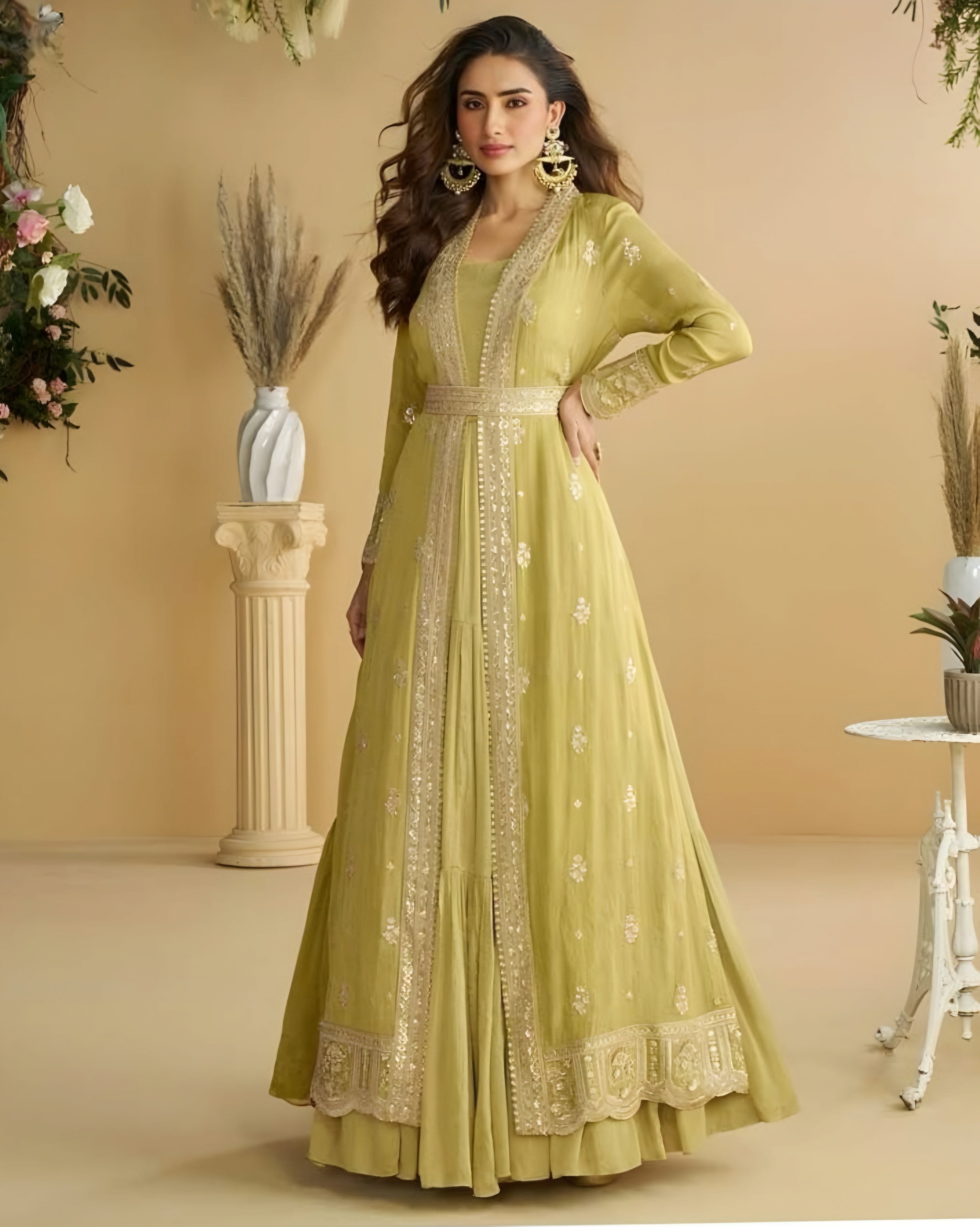 Elegant Olive Green Chinon Silk Embroidered Indo western Gown with Shrug