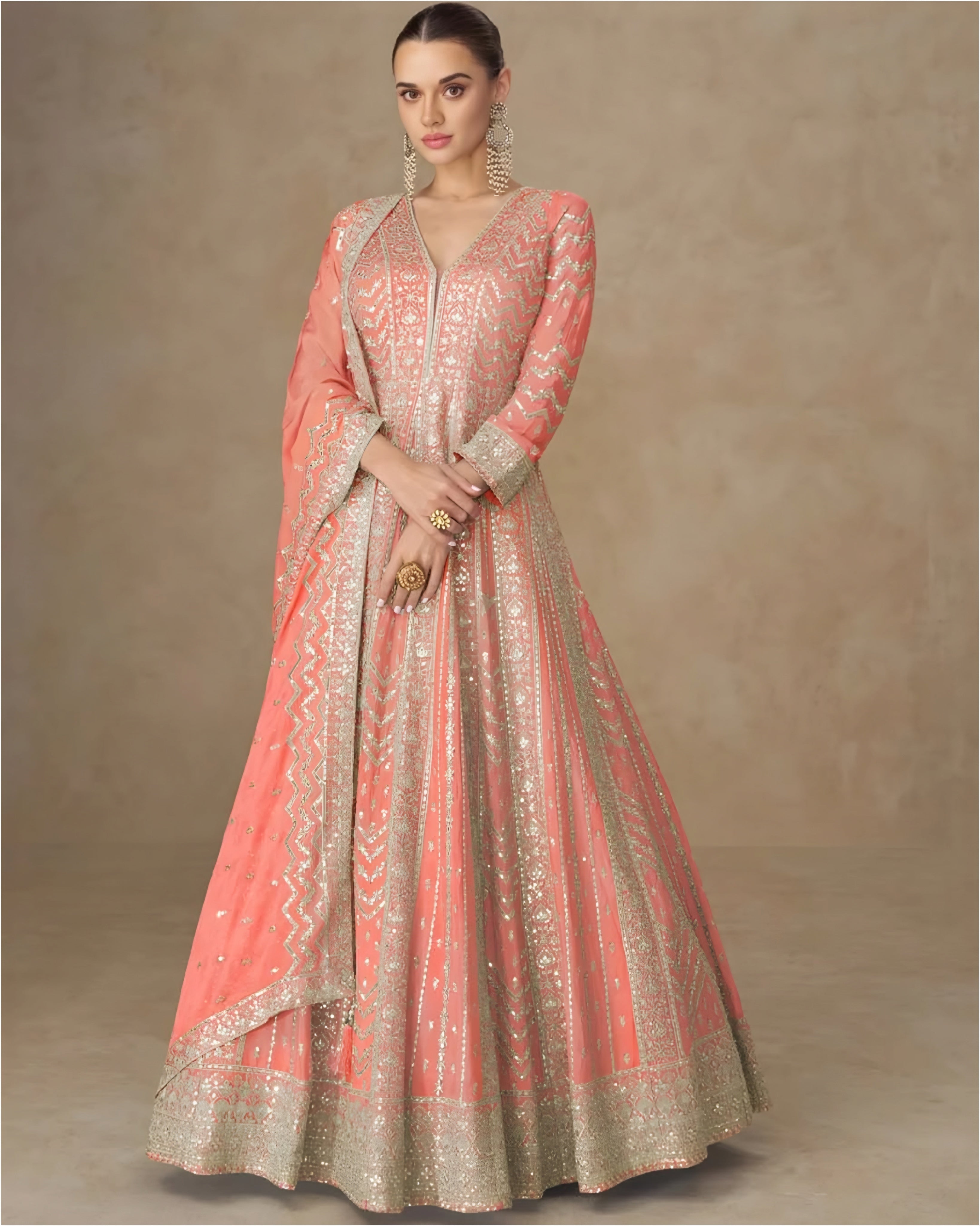 Premium Chinon Silk Embroidered Designer Anarkali Gown Peach